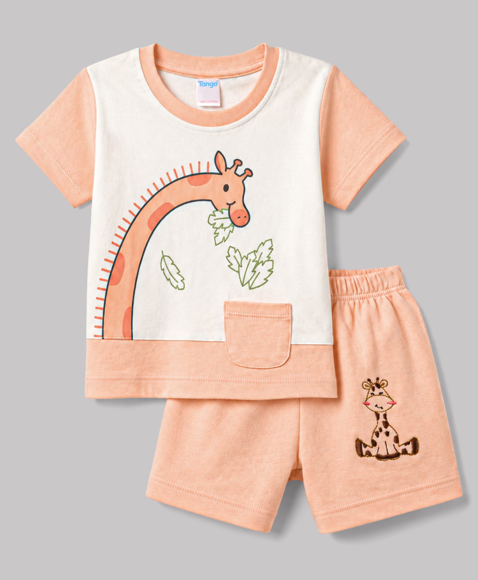 Tango Interlock Knit Half Sleeves Giraffe Printed & Embroidered T-Shirt & Shorts Set - Peach & White-image-38