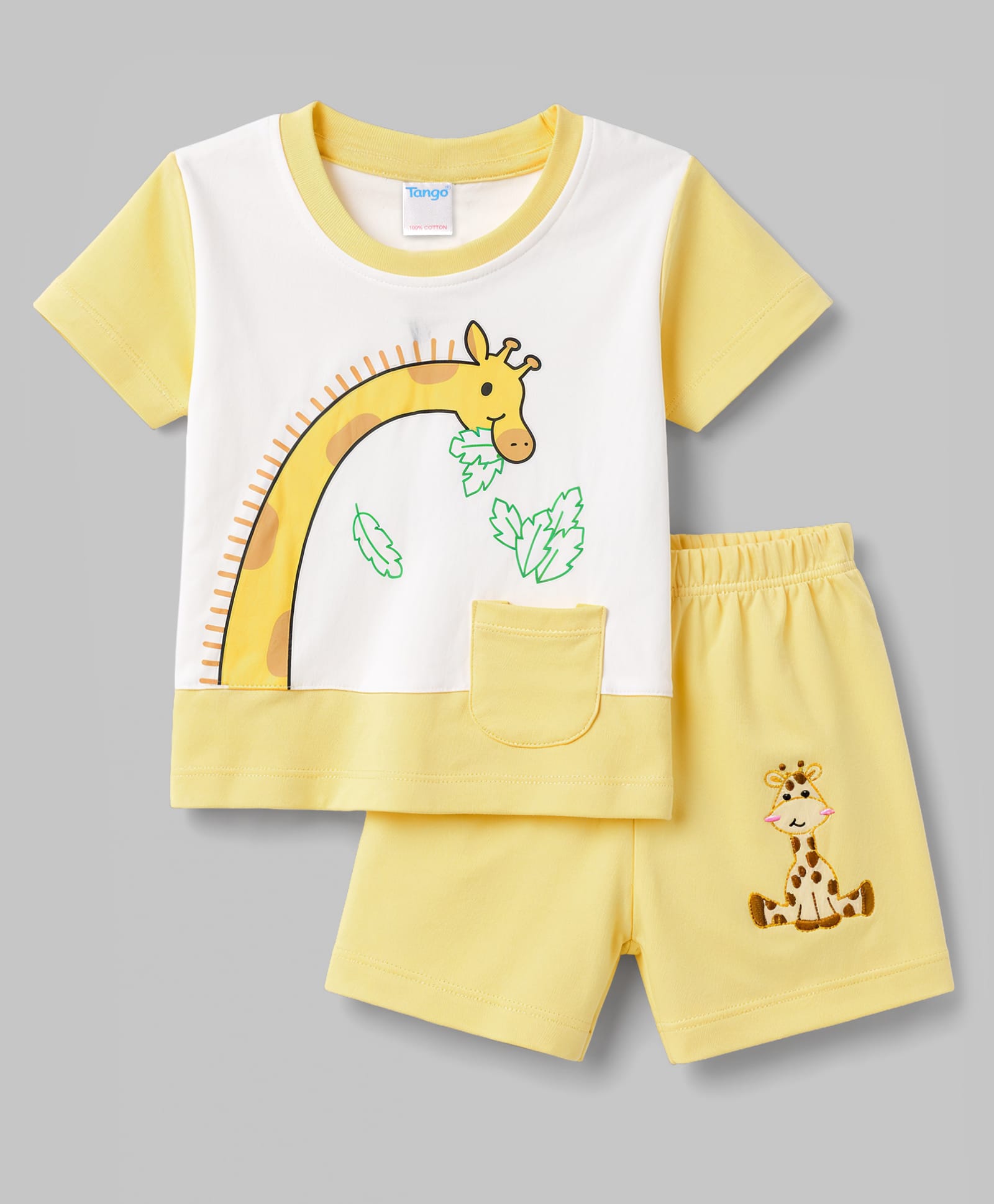 Tango Interlock Knit Half Sleeves Giraffe Printed & Embroidered T-Shirt & Shorts Set - Yellow & White-image-41
