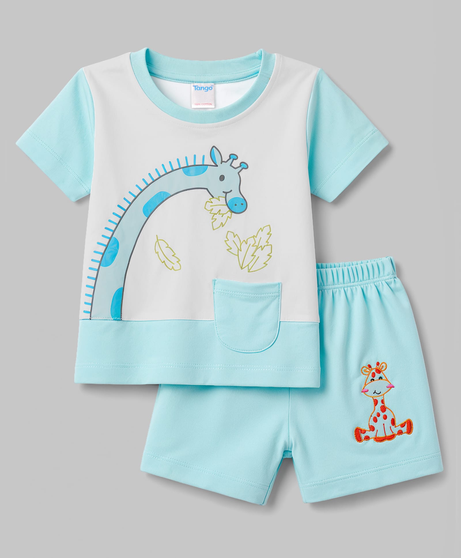 Tango Interlock Knit Half Sleeves Giraffe Printed & Embroidered T-Shirt & Shorts Set - Light Blue & White-image-37
