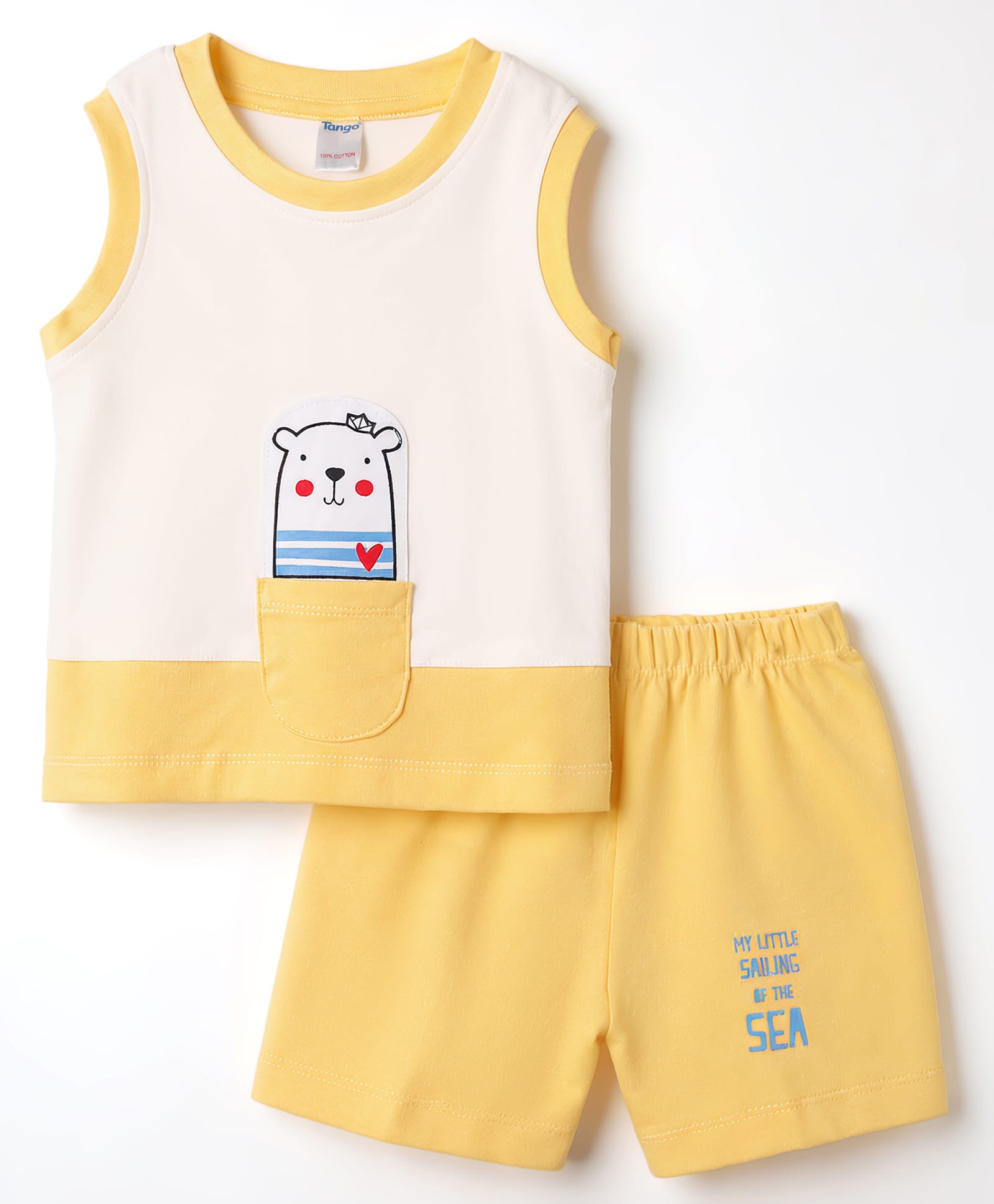 Tango Interlock Knit Sleeveless Nautical Theme Printed Tank T-Shirt & Shorts Set With Animal Patch - Yellow & OffWhite-picture-19