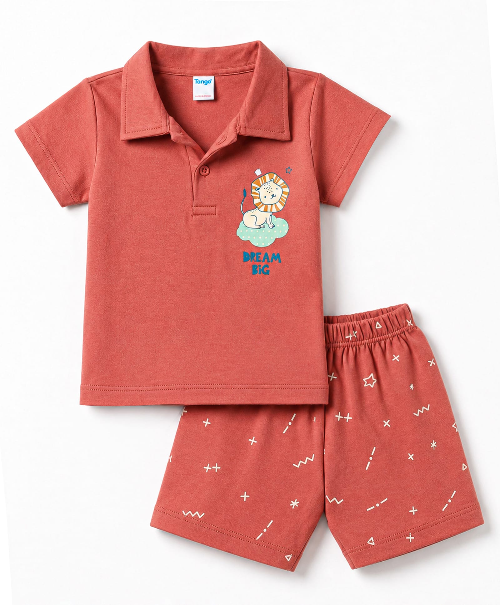 Tango Interlock Knit Half Sleeves Lion Printed Polo T-Shirt & Shorts Set - Red-picture-11