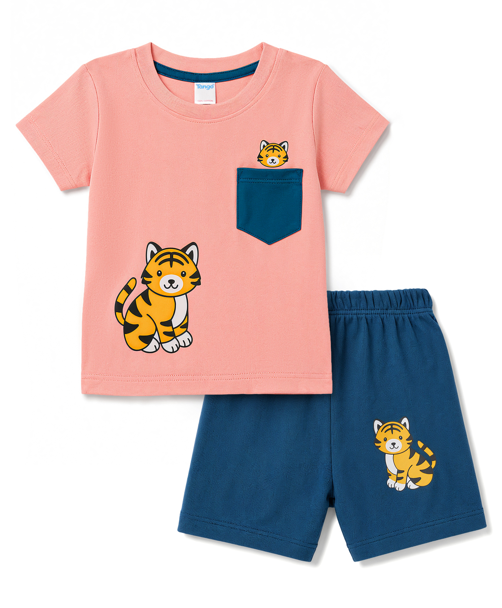 Tango Interlock Knit Half Sleeves Tiger Printed T-Shirt & Shorts Set - Peach-picture-22