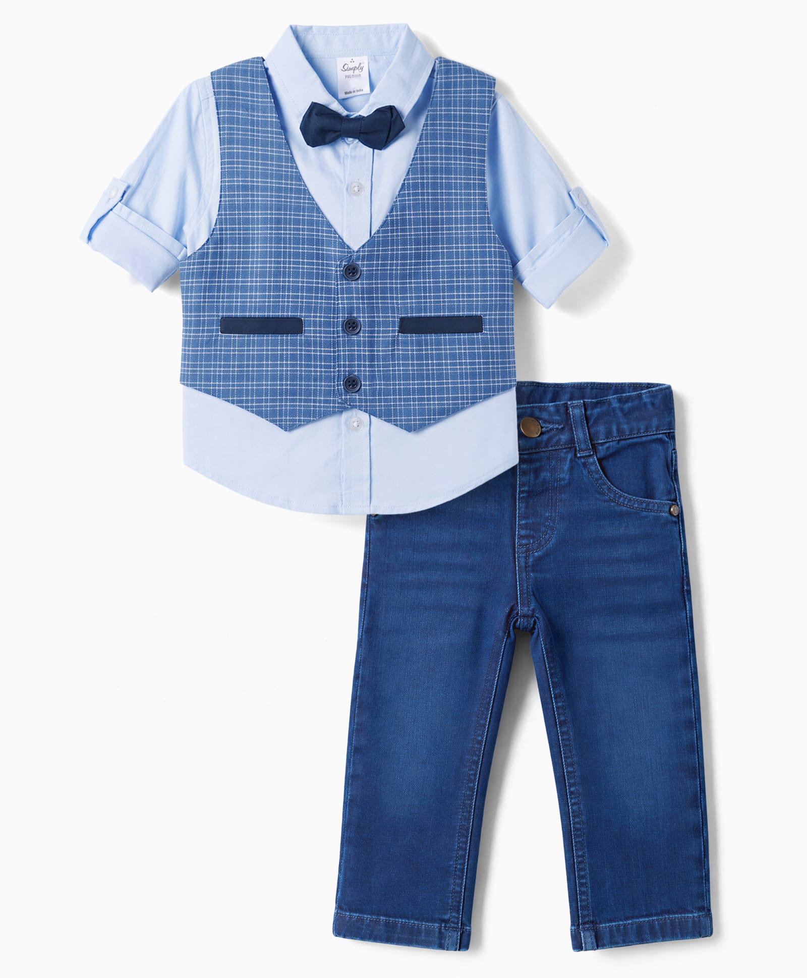 Simply Premium Cotton Woven Full Sleeves Checks 3 Piece Party Suit with Bow - Blue-picture-13