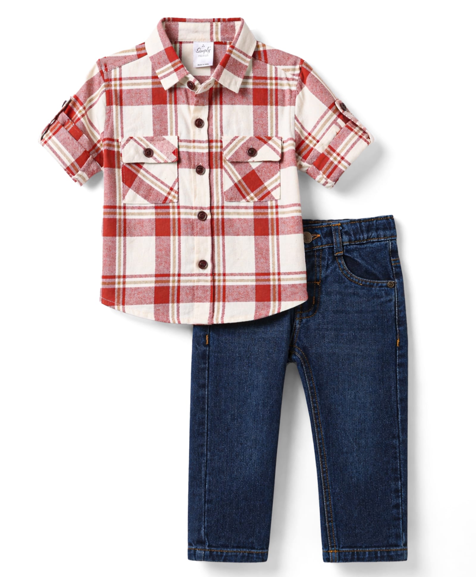 Simply Premium Cotton Woven Half Sleeves Checkered Shirt & Denim Jeans - Rust Orange-picture-21
