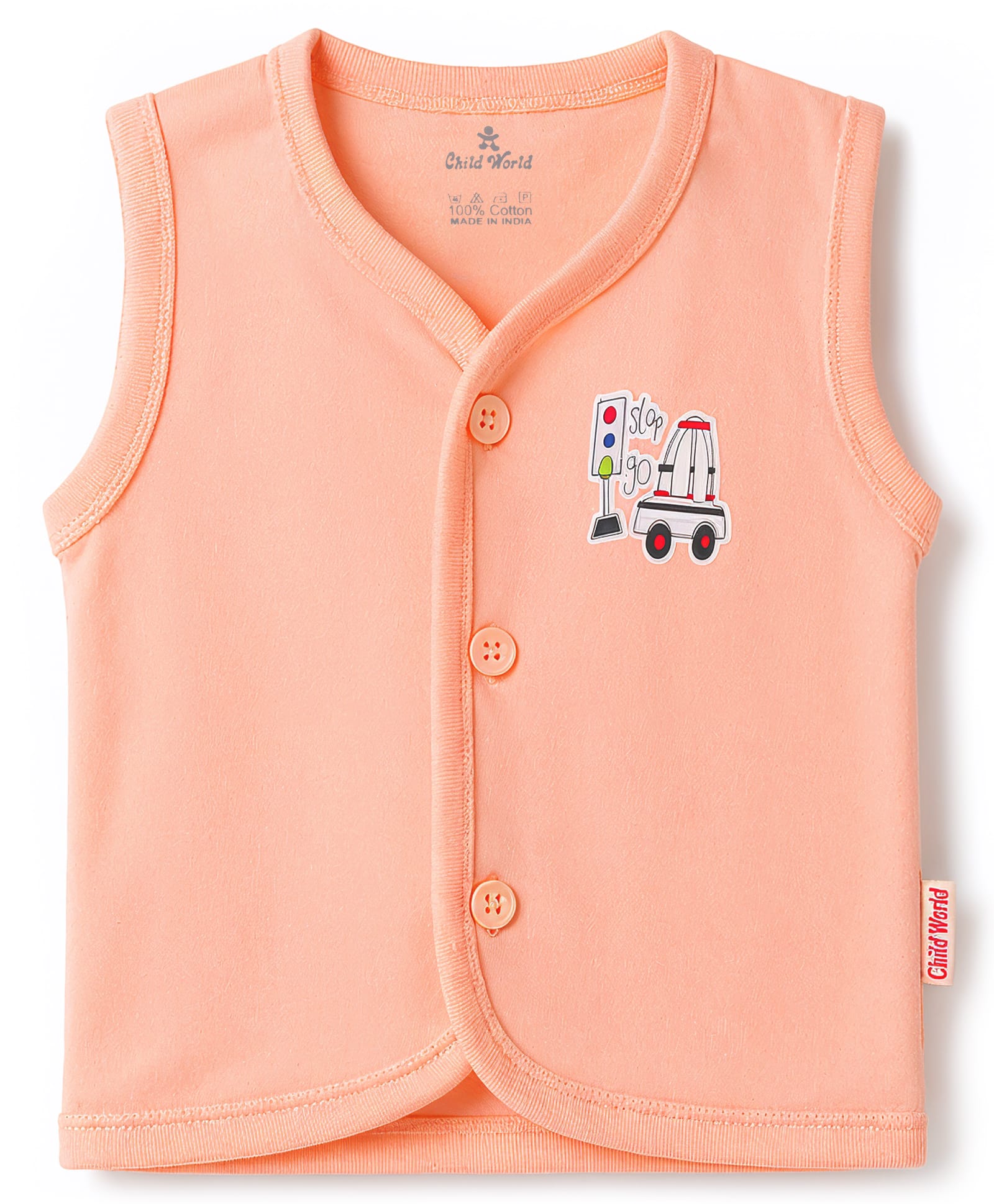 Child World Sinker Knit Sleeveless Vehicles Printed Jhabla - Peach-picture-27