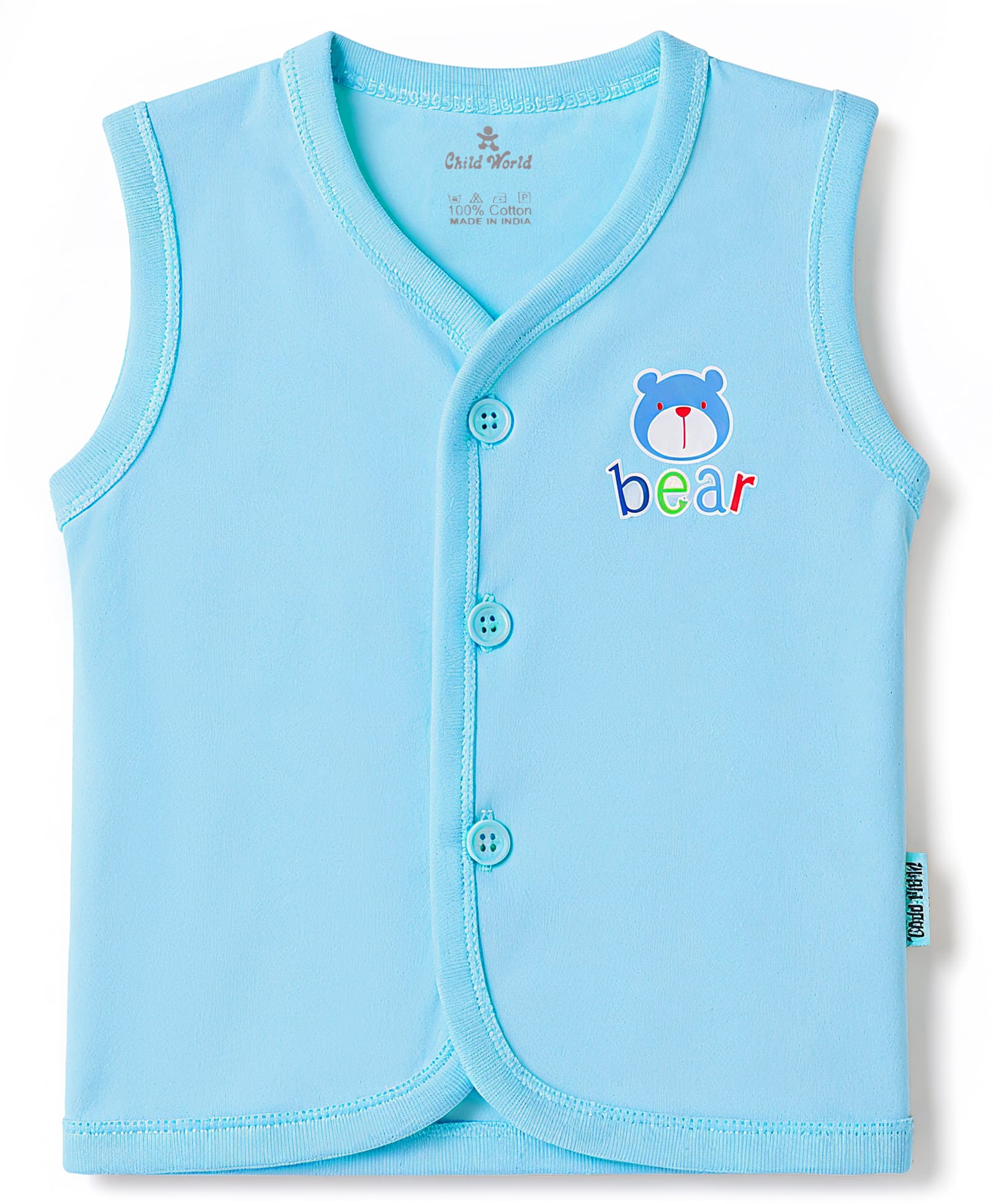 Child World Sinker Knit Sleeveless Jhabla with Bear Print - Light Blue-image-38