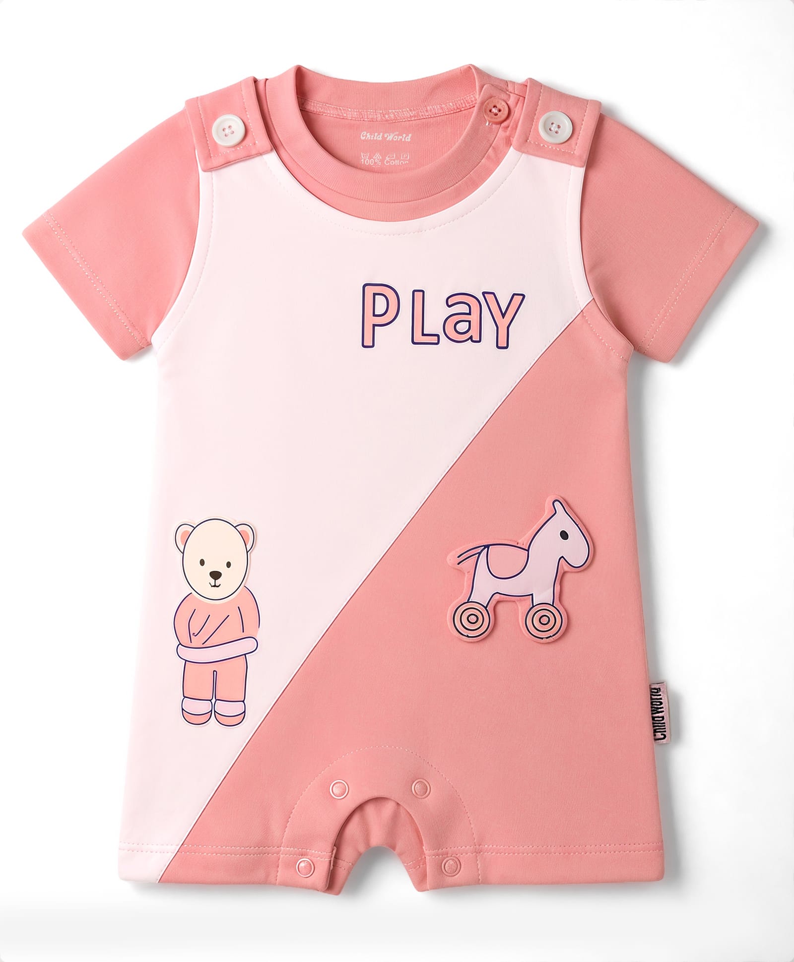 Child World Interlock Knit Half Sleeves Romper with Animal Patch - Pink-image-14