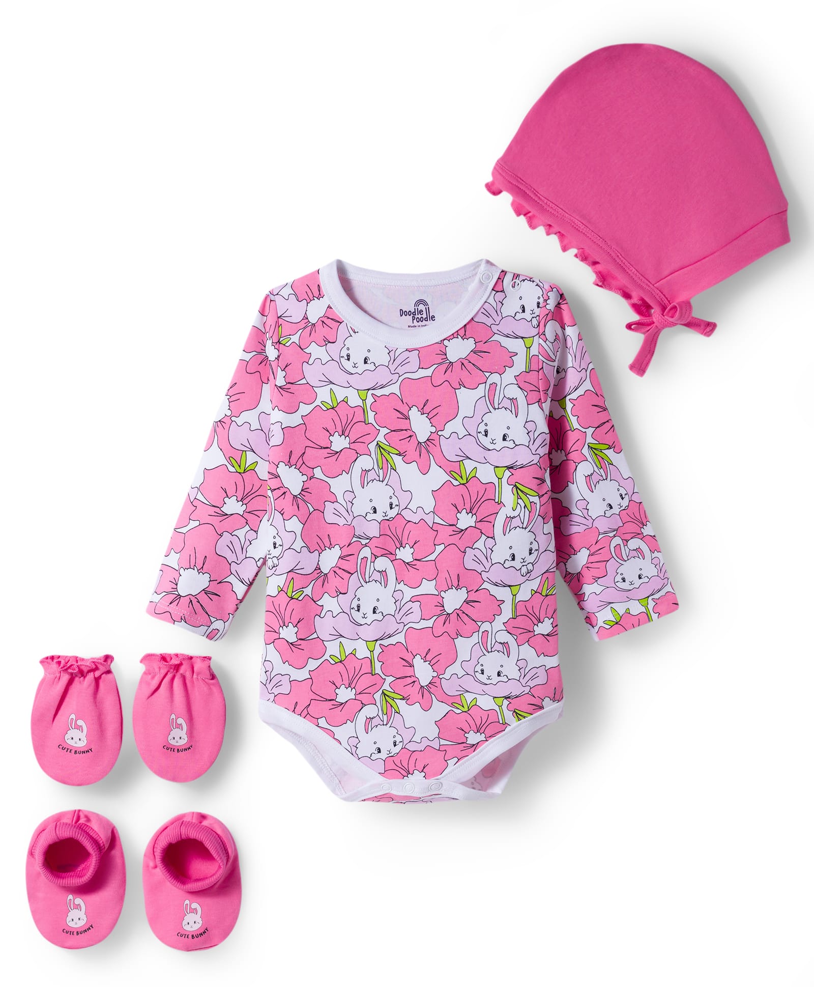 Doodle Poodle 100% Cotton Knit Full Sleeves Floral & Bunny Printed Onesie With Mittens Booties & Cap - Pink & White-picture-11