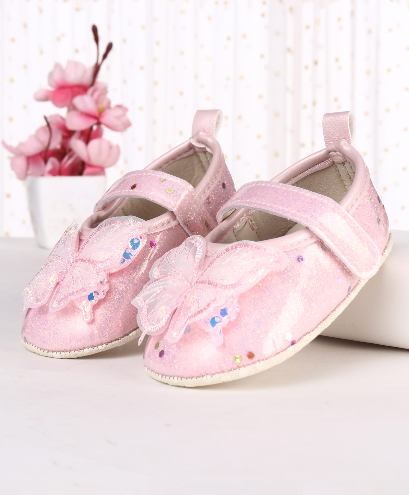 Cute Walk by Babyhug Velcro Closure Butterfly Applique Sequinned Booties With Glitter - Pink-image-26