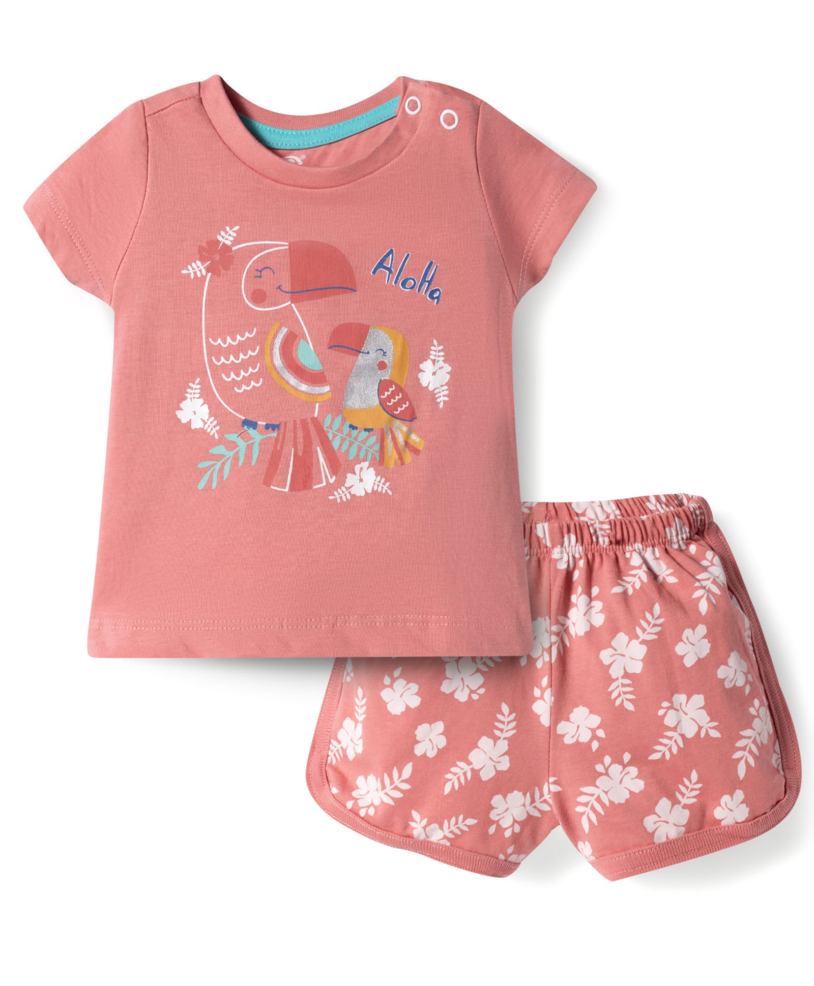 Zero Knit Half Sleeves Top & Shorts Set with Parrot & Floral Print - Coral-image-33