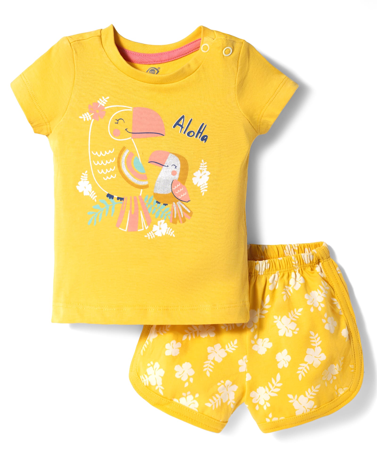 Zero Knit Half Sleeves Top & Shorts Set with Parrot & Floral Print - Golden-image-5