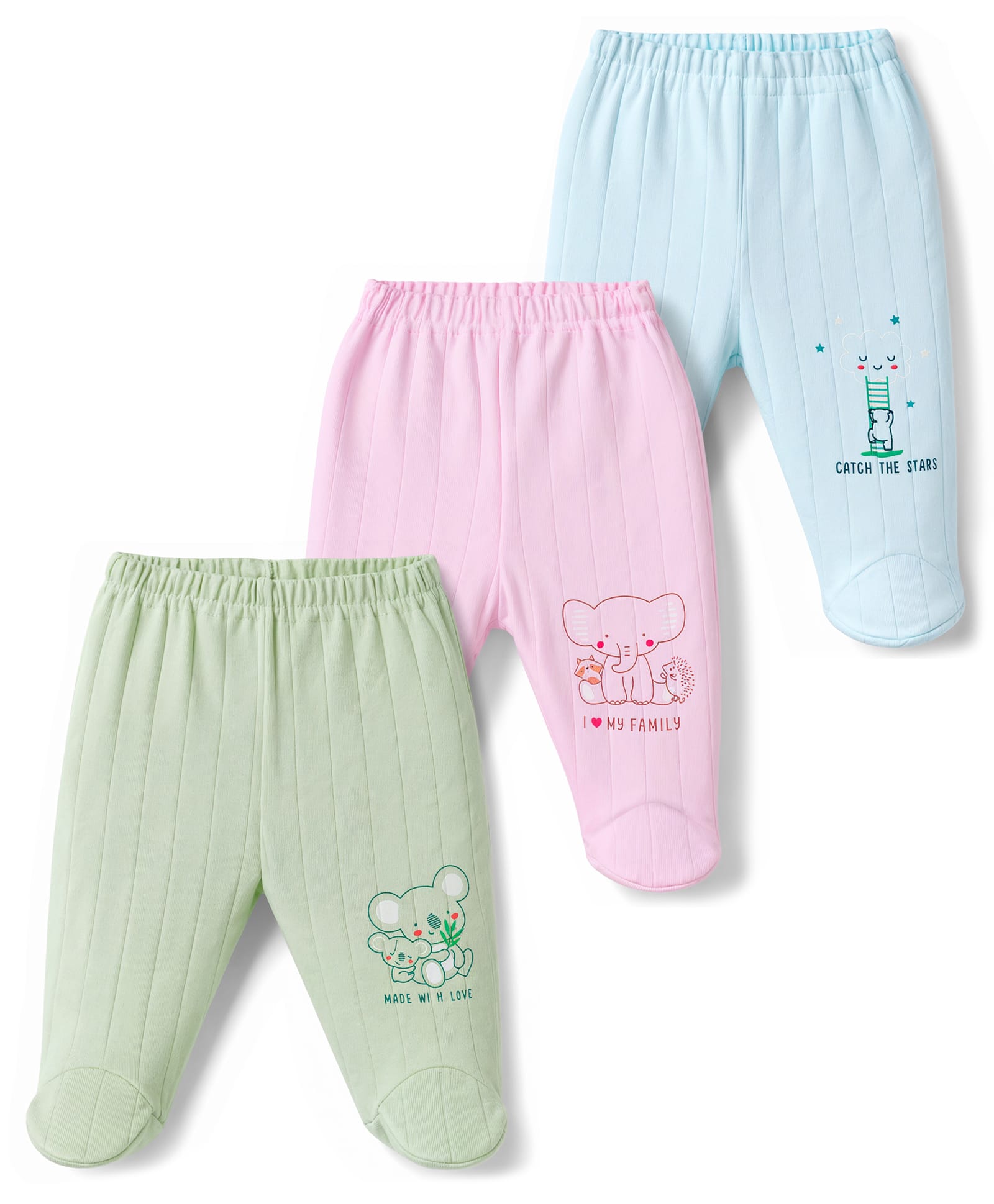 Zero Sinker Knit Animal Printed Bootie Leggings Pack of 3 - Pink Light Green & Light Blue-picture-24