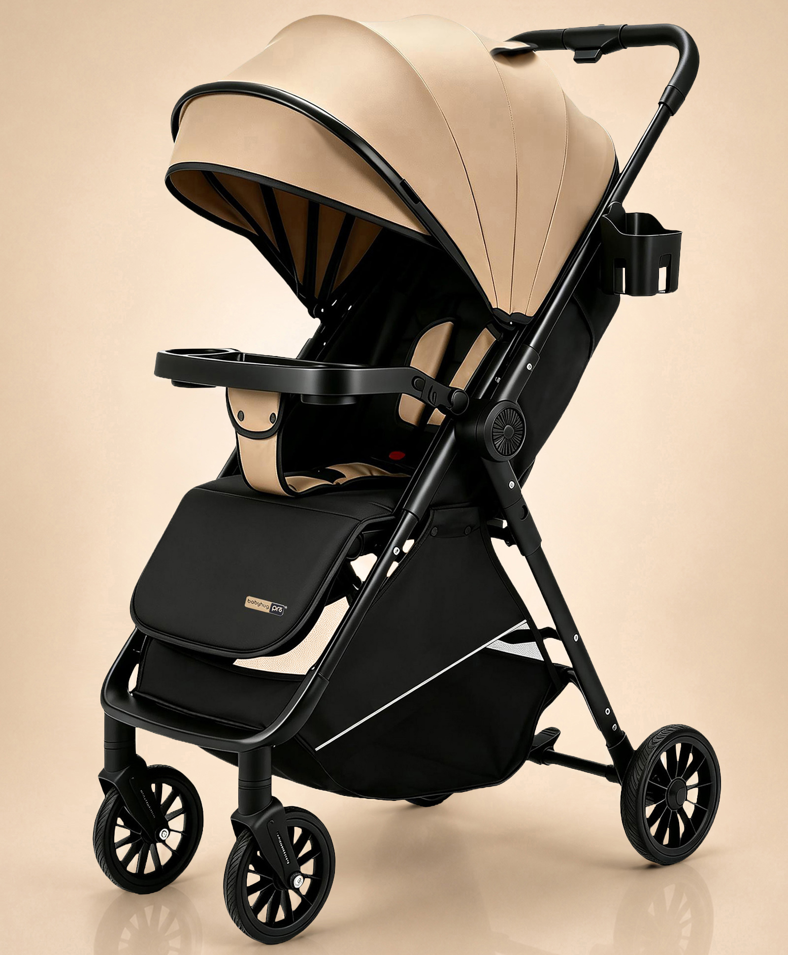 Babyhug Pro Urban Glide Baby Stroller with Reversible Handle - Beige| Lightweight & Compact One-Step Fold| Reclining Backrest| Suspension Wheels| Safety Harness| Concealed Link Brake| Food Tray-picture-19