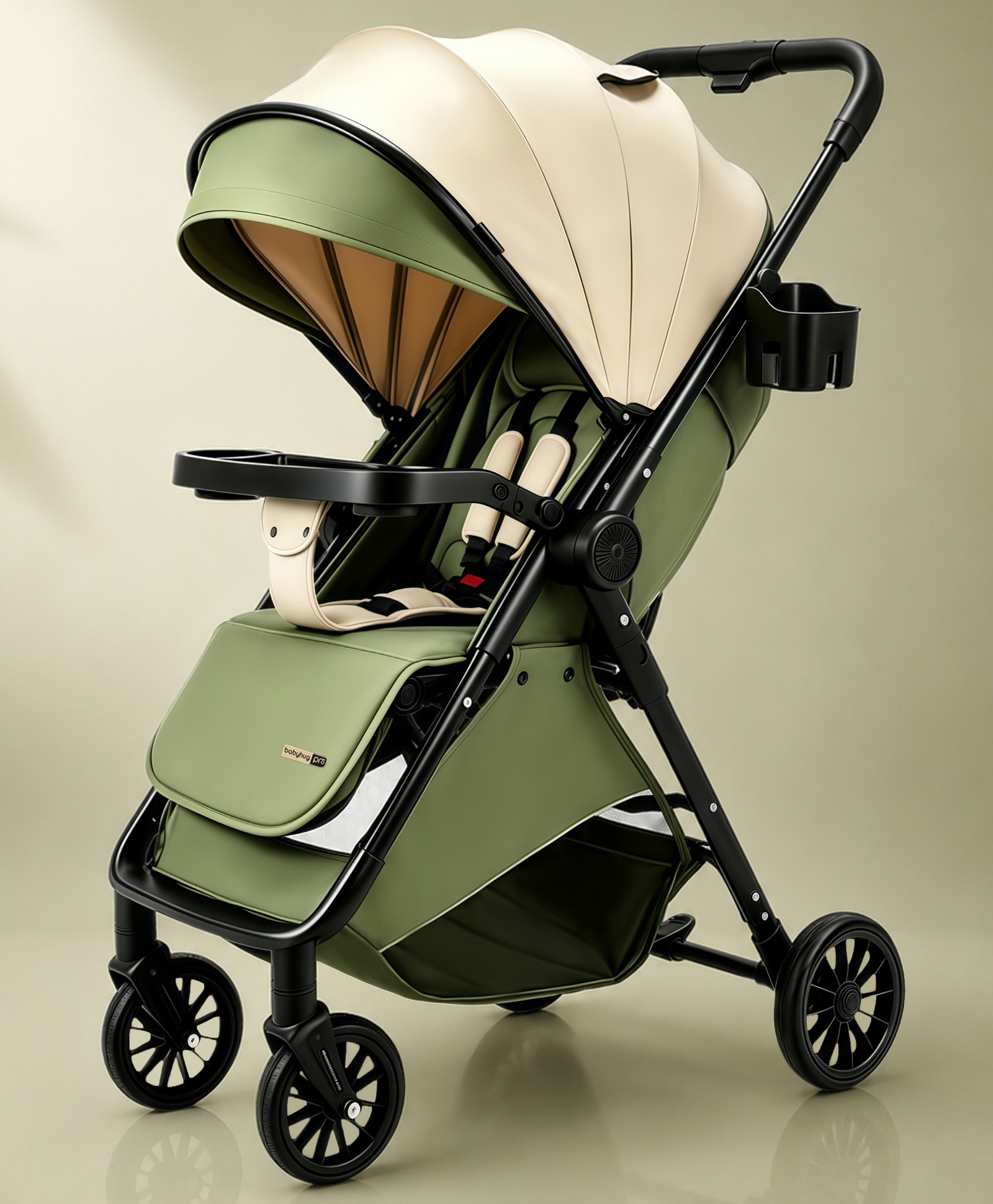 Babyhug Pro Urban Glide Baby Stroller with Reversible Handle - Olive Green| Lightweight & Compact One-Step Fold| Reclining Backrest| Suspension Wheels| Safety Harness| Concealed Link Brake| Food Tray-picture-10