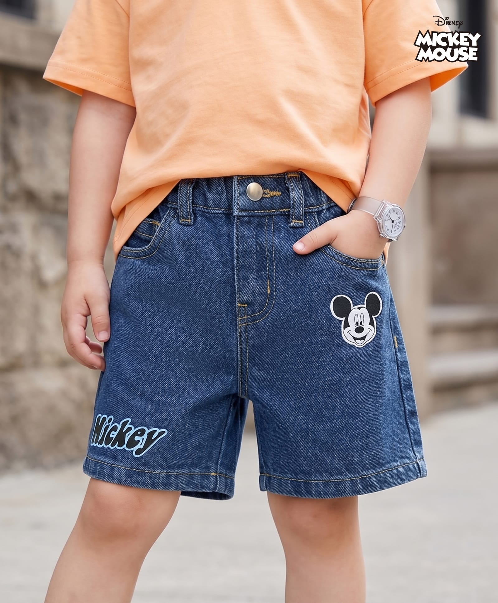 Bonfino Disney Denim Knee Length Shorts With Micky Mouse Graphic & Patch - Multicolor-picture-25