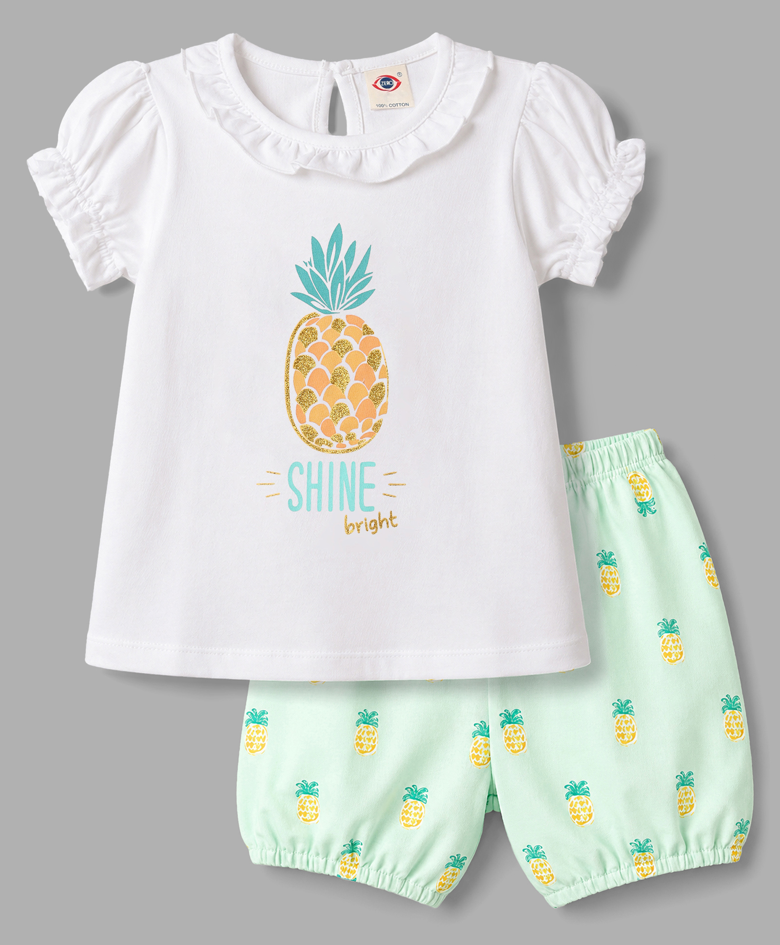 Zero Knitted Half Sleeves Pineapple Printed Top & Shorts Set With Glitter - Aqua Blue-image-49