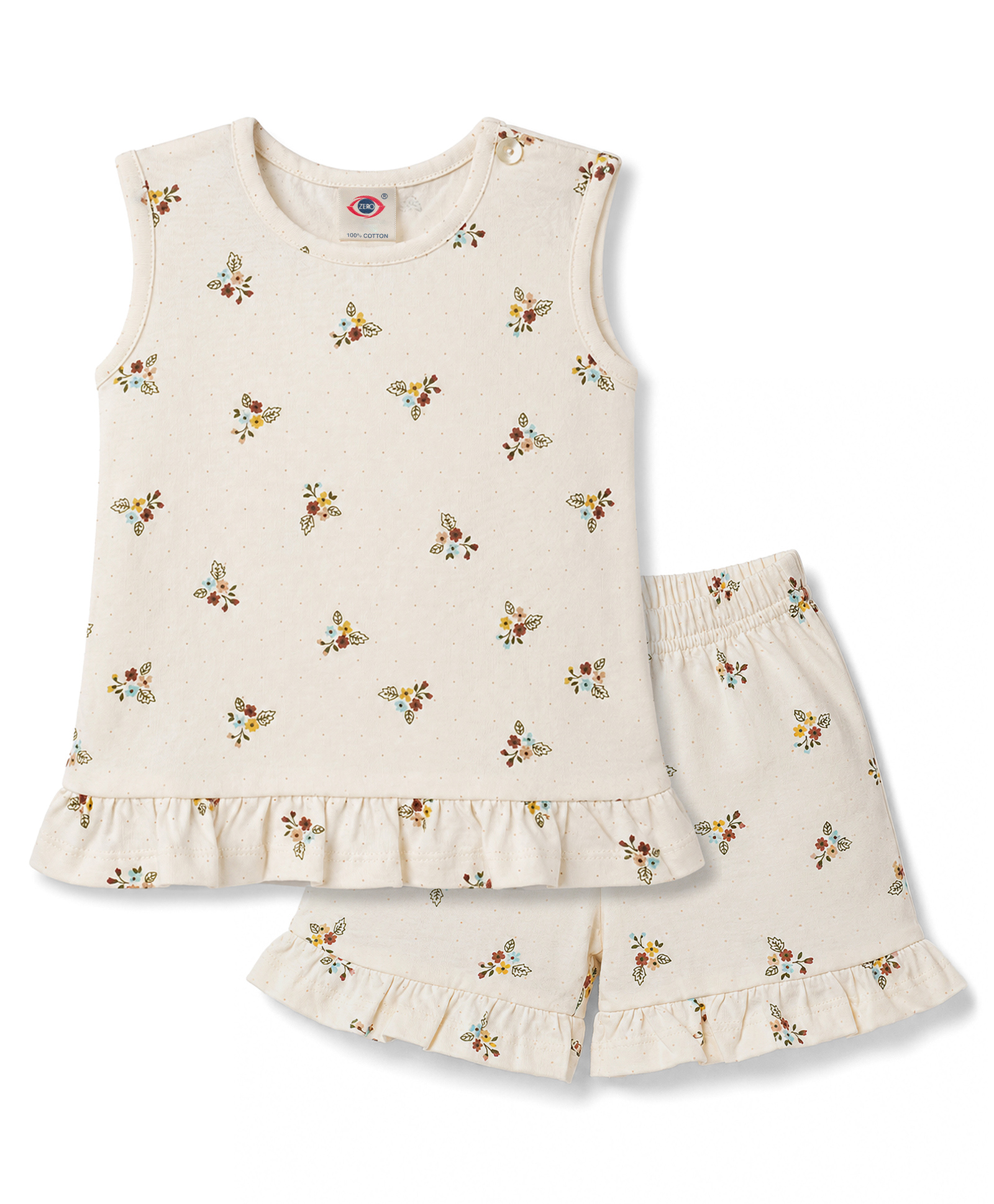 Zero Knitted Sleeveless Floral Printed Co-Ords Top & Shorts Set - Cream-picture-17
