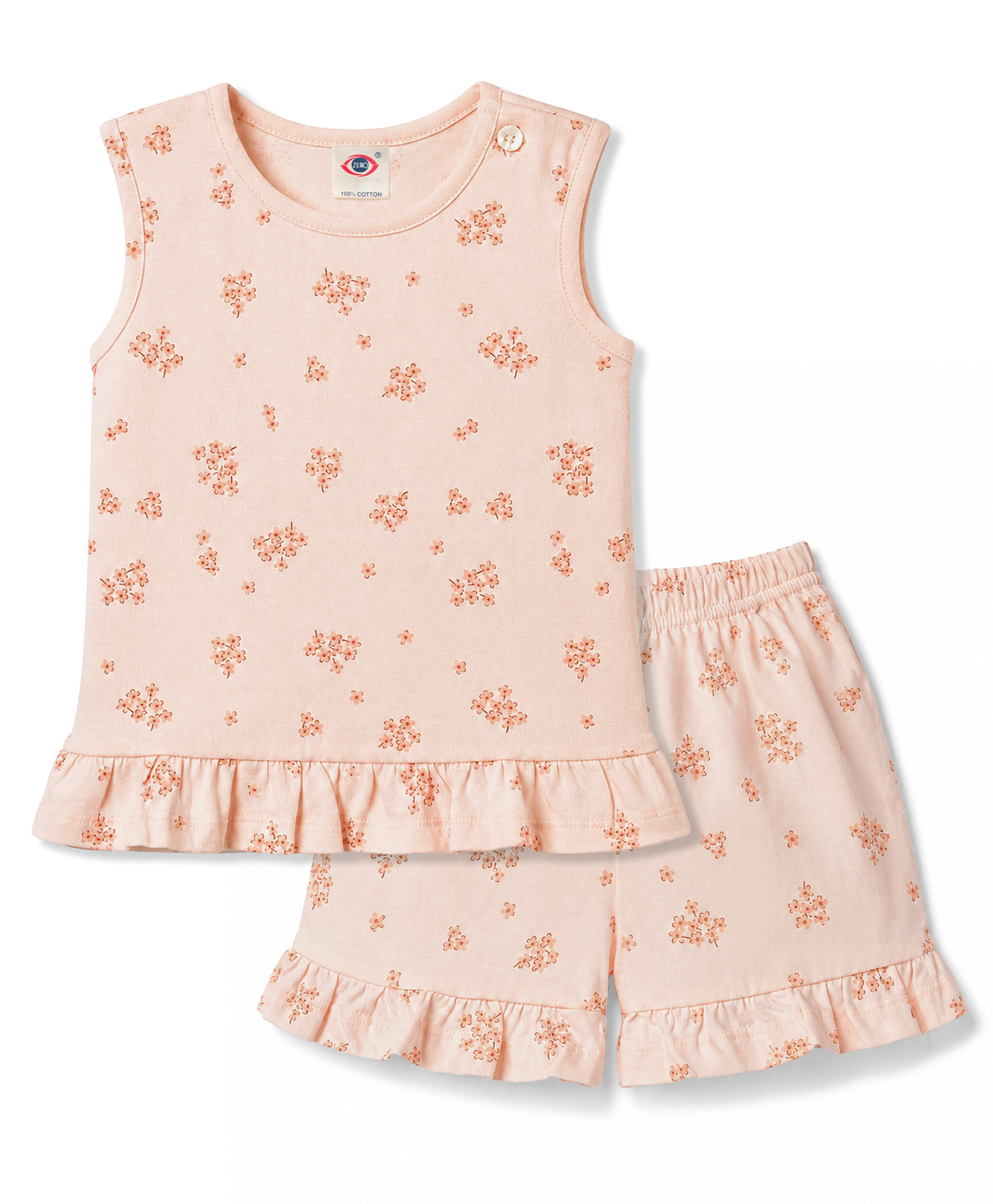 Zero Knitted Sleeveless Floral Printed Co-Ords Top & Shorts Set - Peach-picture-10