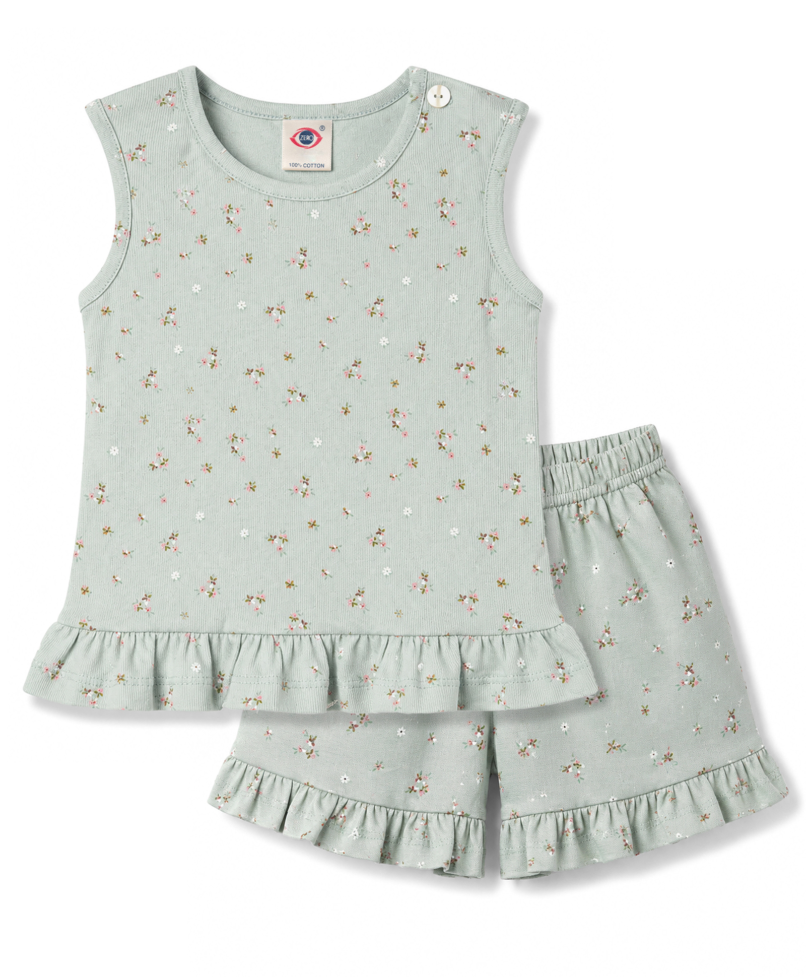 Zero Knitted Sleeveless Floral Printed Co-Ords Top & Shorts Set - Light Blue-picture-11