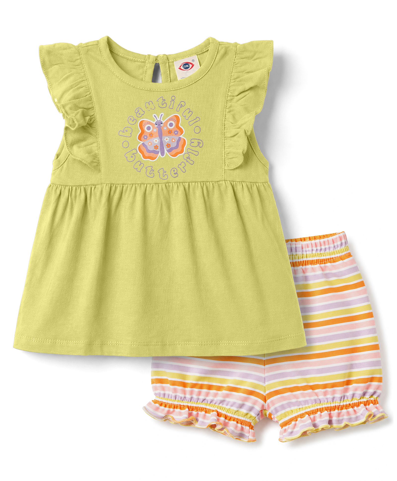 Zero Knitted Half Sleeves Butterfly Printed & Striped Top & Shorts Set - Lime Green-image-31