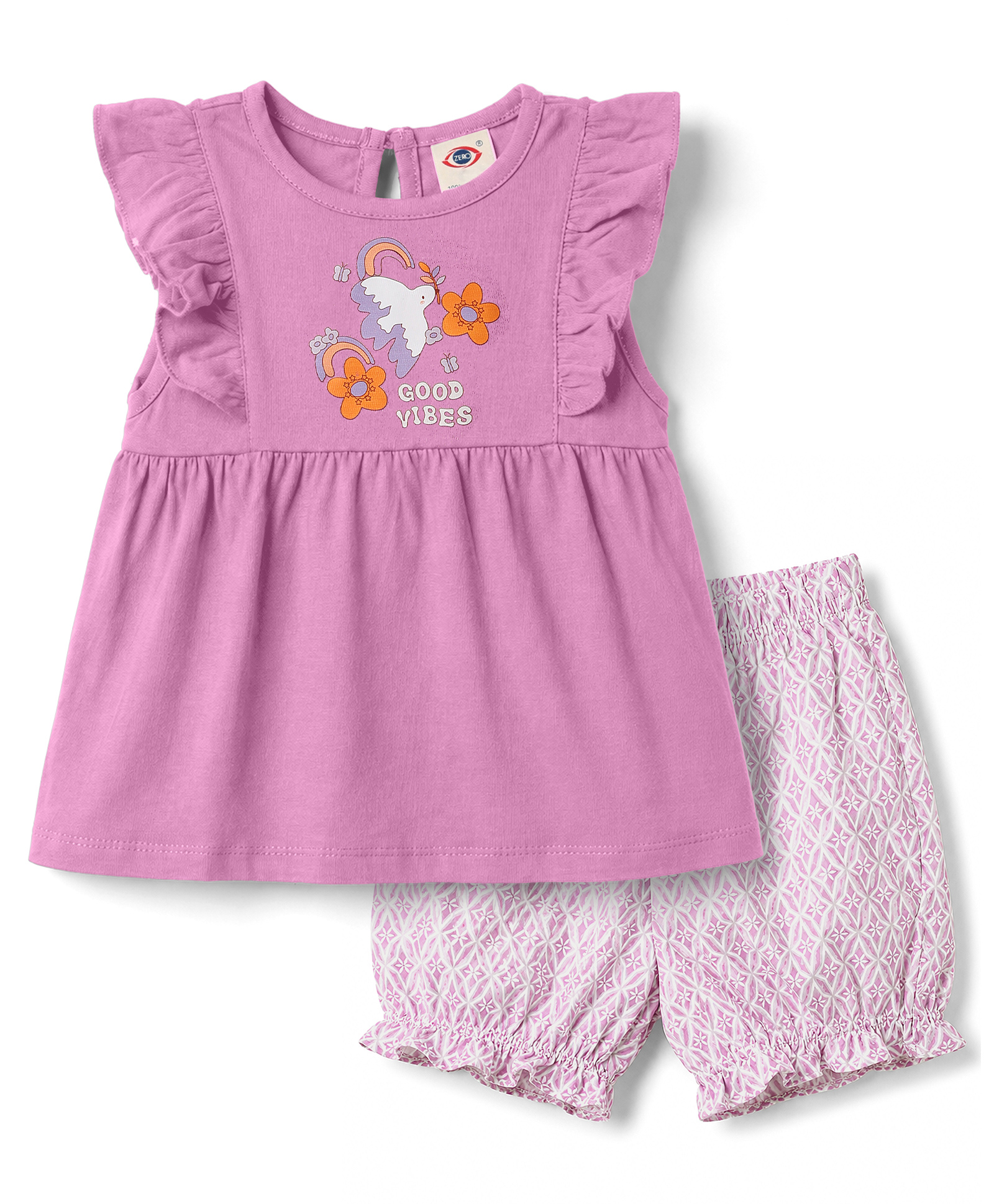 Zero Knitted Half Sleeves Floral & Birds Printed Top & Shorts Set - Violet-picture-8