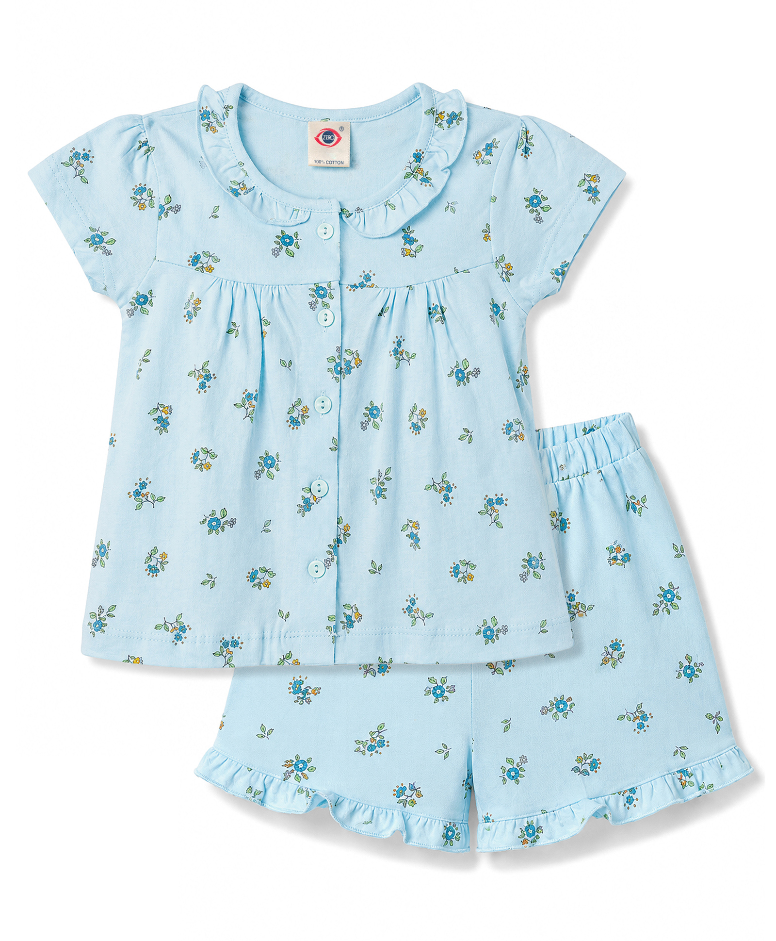 Zero Knitted Half Sleeves Floral Printed Co-Ords Top & Shorts Set - Light Blue-picture-22