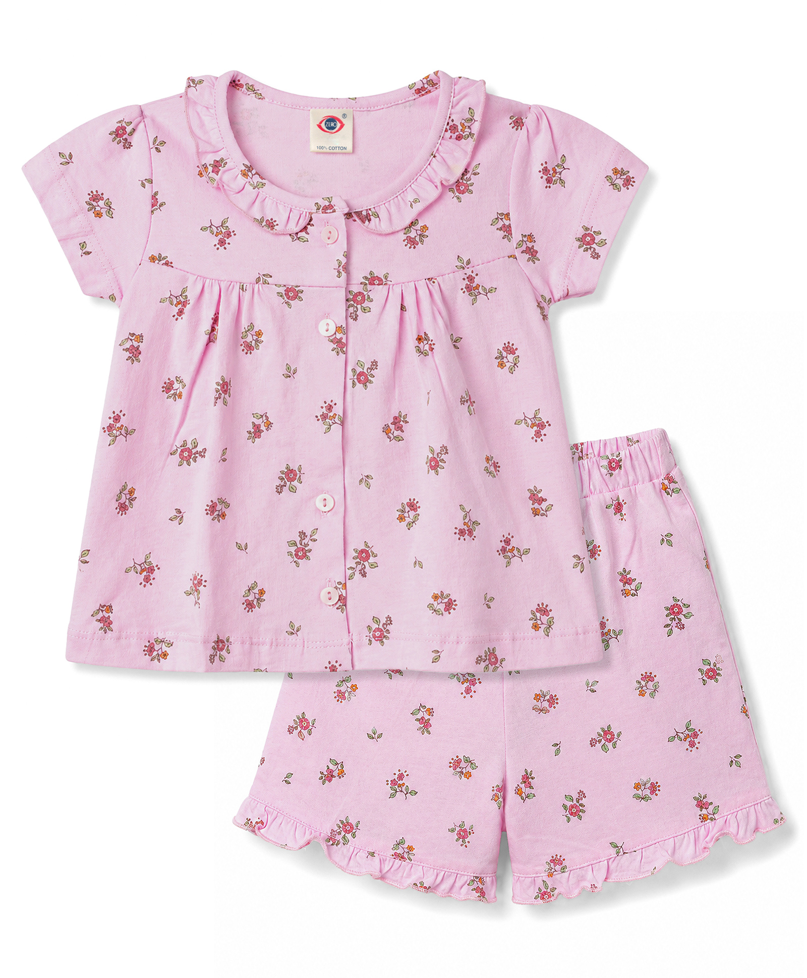Zero Knitted Half Sleeves Floral Printed Co-Ords Top & Shorts Set - Light Pink-image-48