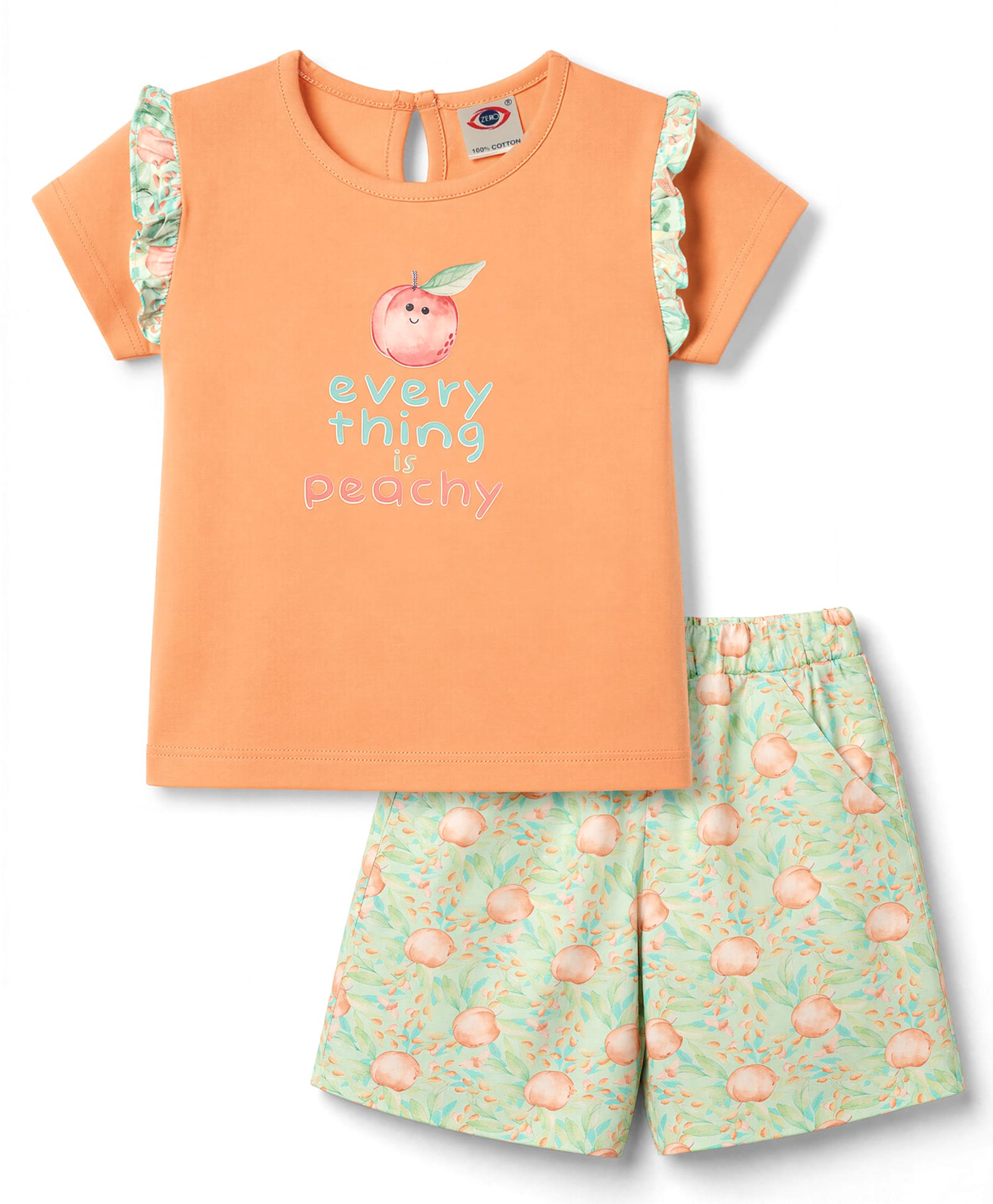 Zero Knitted Half Sleeves Top & Shorts Set With Floral & Fruit Print - Peach-picture-12