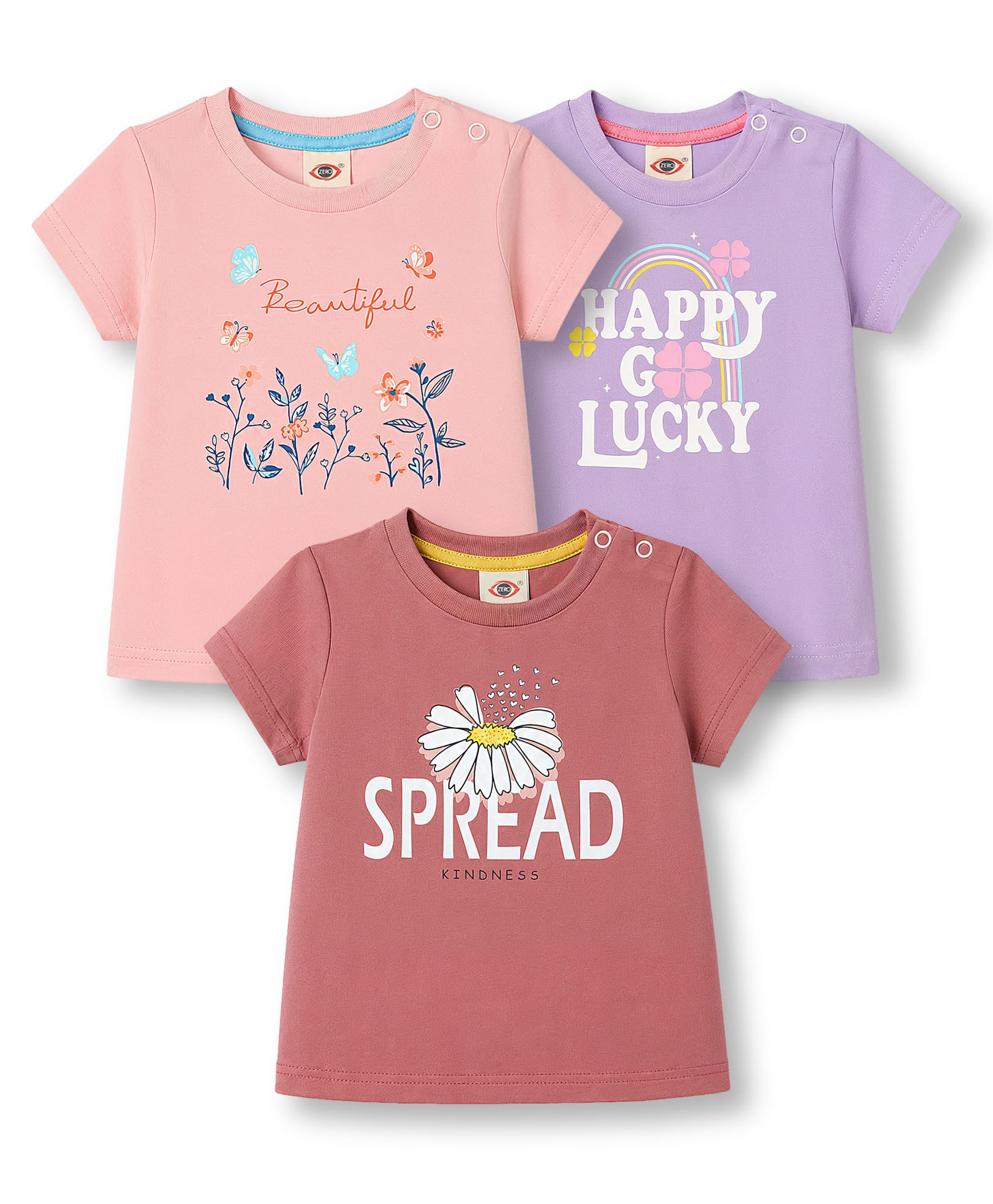 Zero Sinker Knit Half Sleeves Top With Floral & Text Print Pack of 3 - Lilac & Peach-picture-29