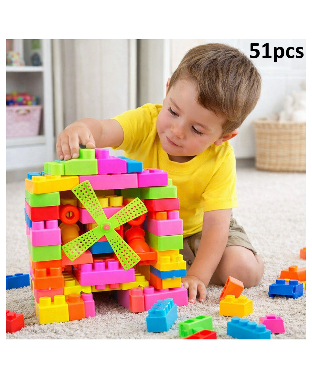 Sanjary 51 Pieces Kids Building Blocks Set with Storage Bag, Colorful Educational Construction Bricks Toy for Toddlers Creative Learning Play color design may vary-picture-49