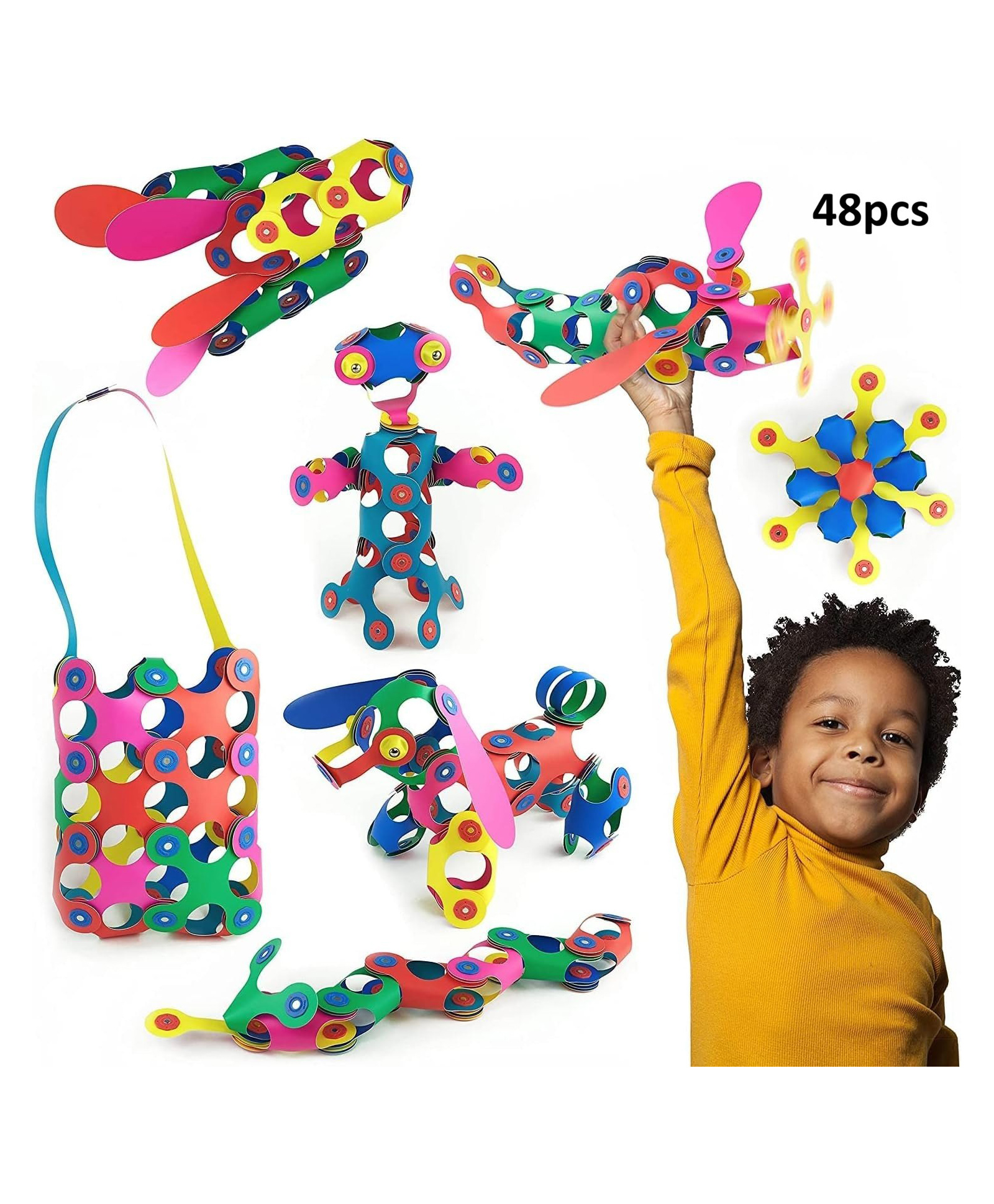 Sanjary Rainbow Creative Building Puzzle Toy Set 48 Pieces, DIY Educational Construction Kit for Kids Learning Shapes Colors STEM Fun color design may vary-image-47