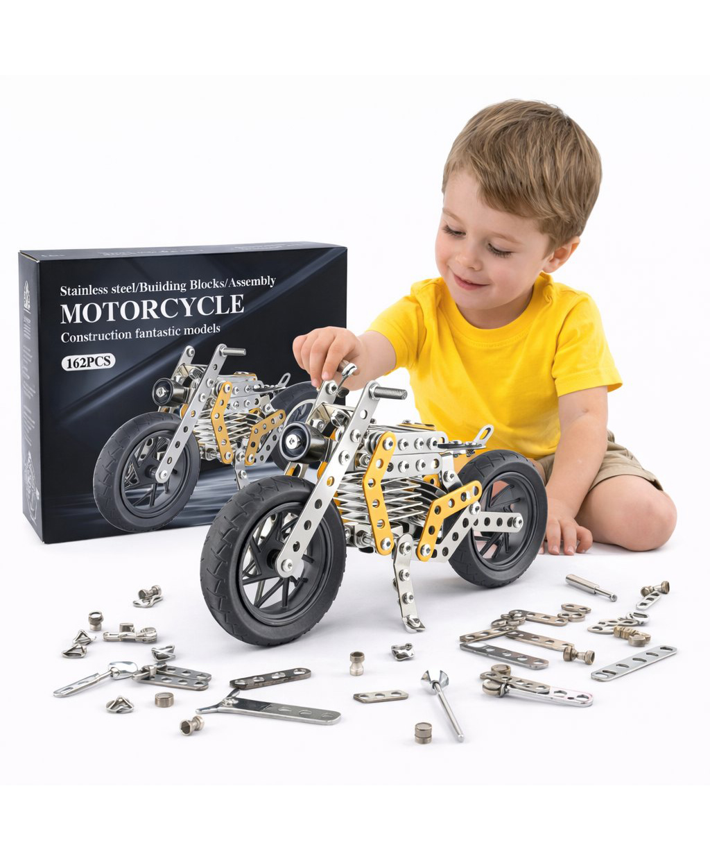 SANJARY STEM Stainless Steel Motorcycle Building Kit for Kids 162 Piece Metal Construction Toy with Tools Educational Engineering Model Set DIY color design may vary-picture-13