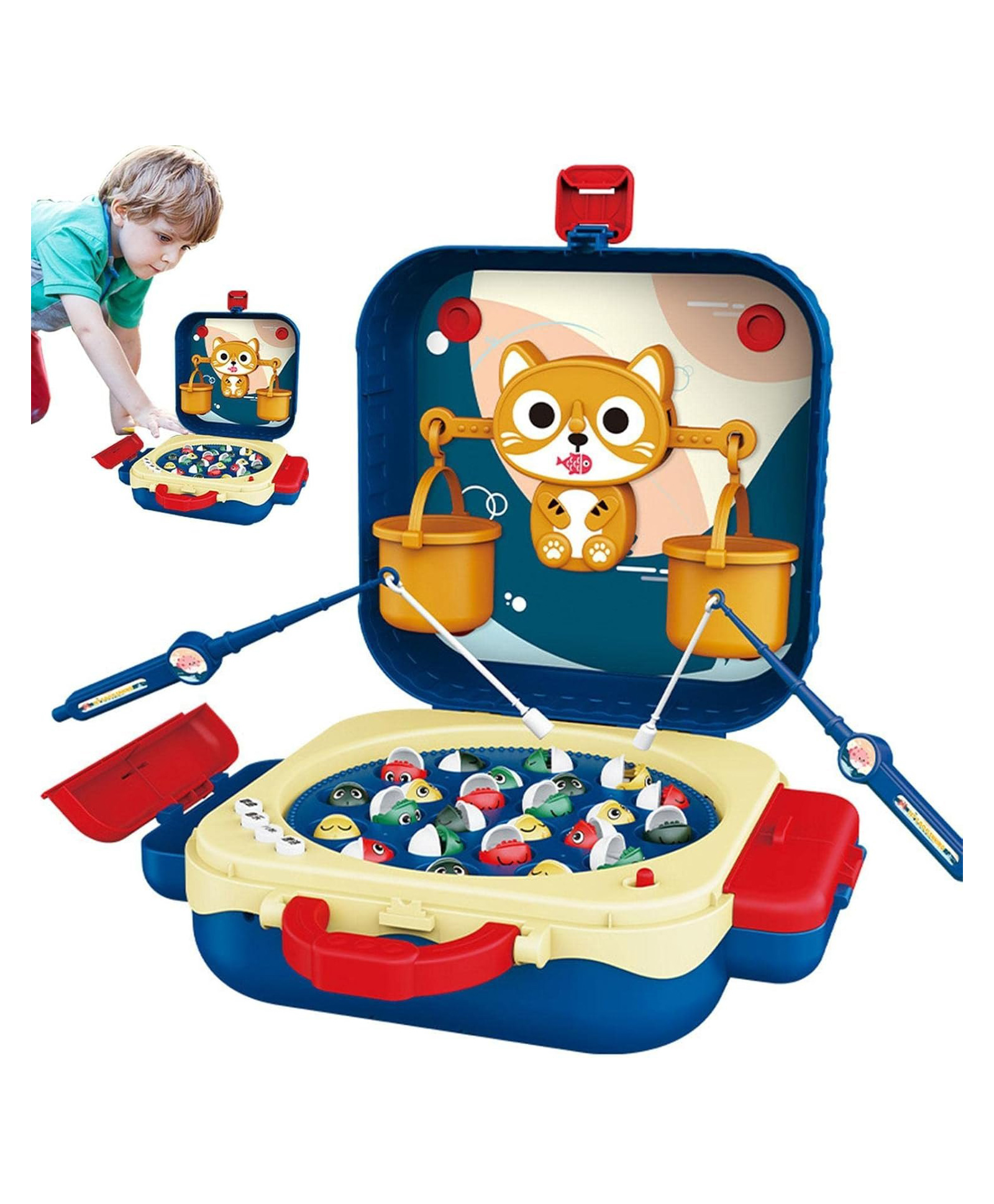 SANJARY Kids Magnetic Fishing Game Toy Set with Rotating Fish Pond Portable Suitcase Educational Interactive Toy for Boys Girls color design may vary-picture-6