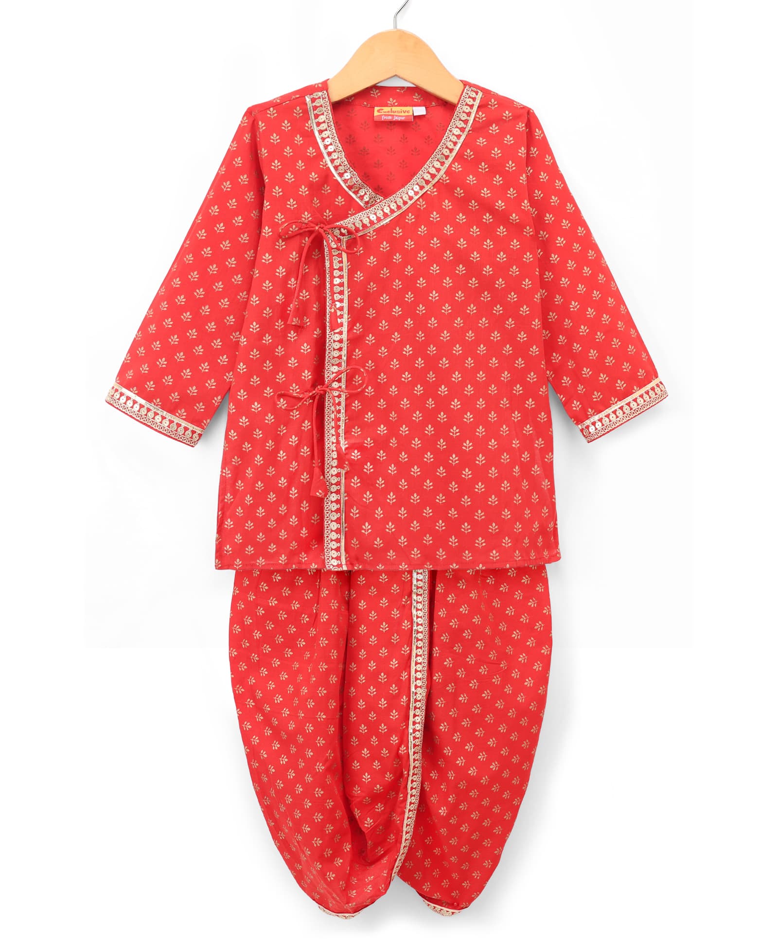 Exclusive From Jaipur Cotton Woven Full Sleeves Leaf Foil Print & Lace Detailing Dhoti Kurta Set - Red-picture-15