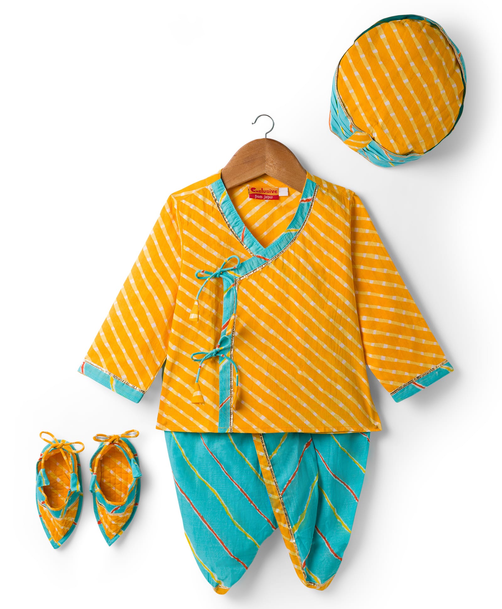 Exclusive from Jaipur Cotton Woven Full Sleeves Striped Kurta Dhoti Set With Turban & Mojaris - Mustard-image-47