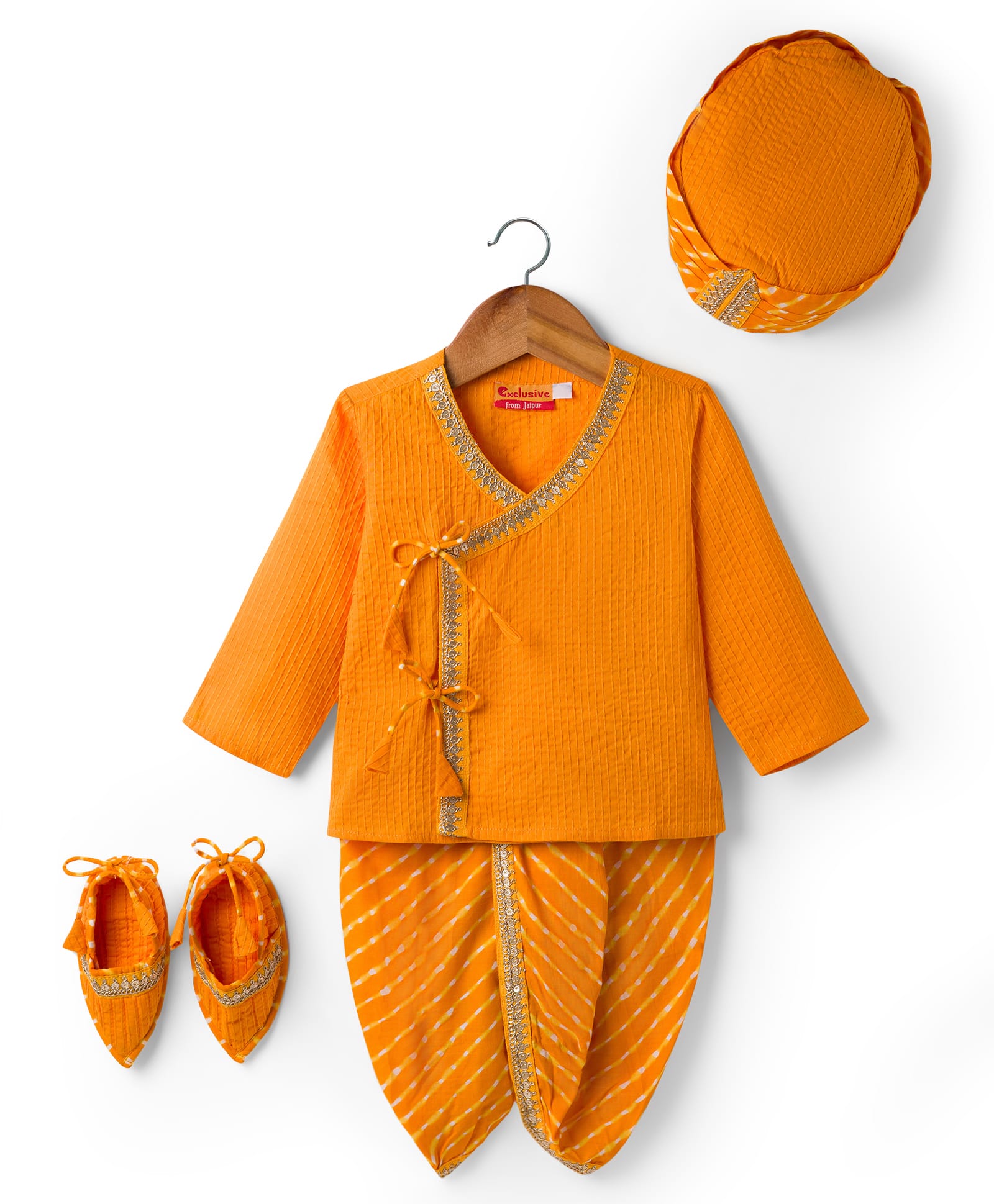 Exclusive from Jaipur Cotton Woven Full Sleeves Striped Kurta Dhoti Set With Turban & Mojaris - Orange-image-16