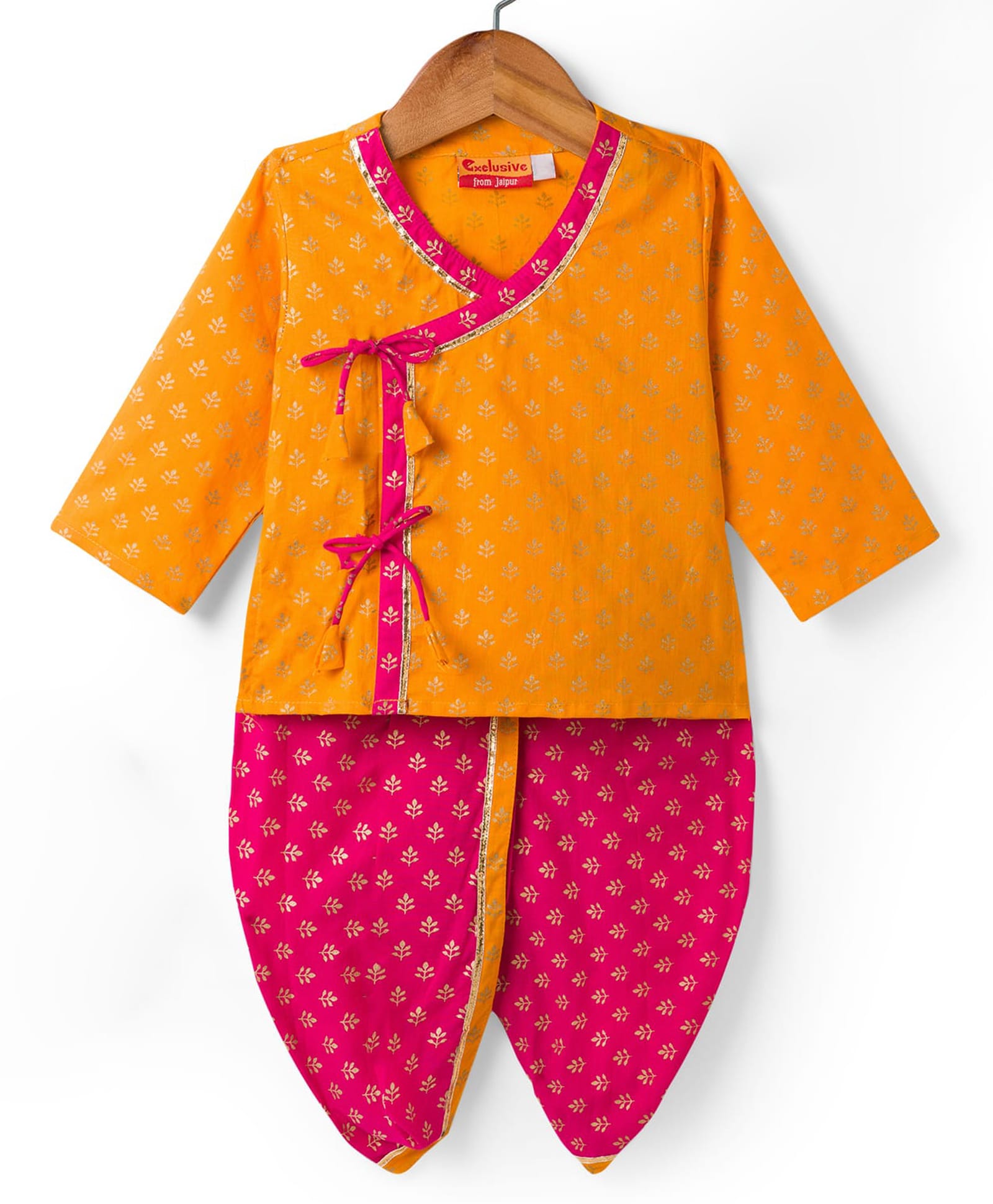 Exclusive From Jaipur Cotton Woven Full Sleeves Leaf Foil Print Dhoti Kurta Set - Yellow-image-40