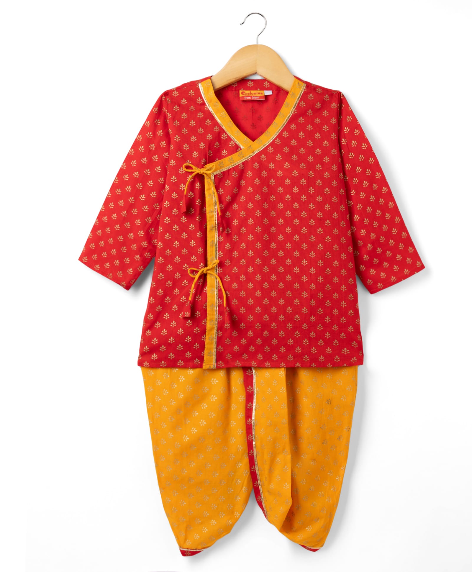 Exclusive From Jaipur Cotton Woven Full Sleeves Leaves Foil Printed Kurta & Dhoti Set - Red & Yellow-picture-22
