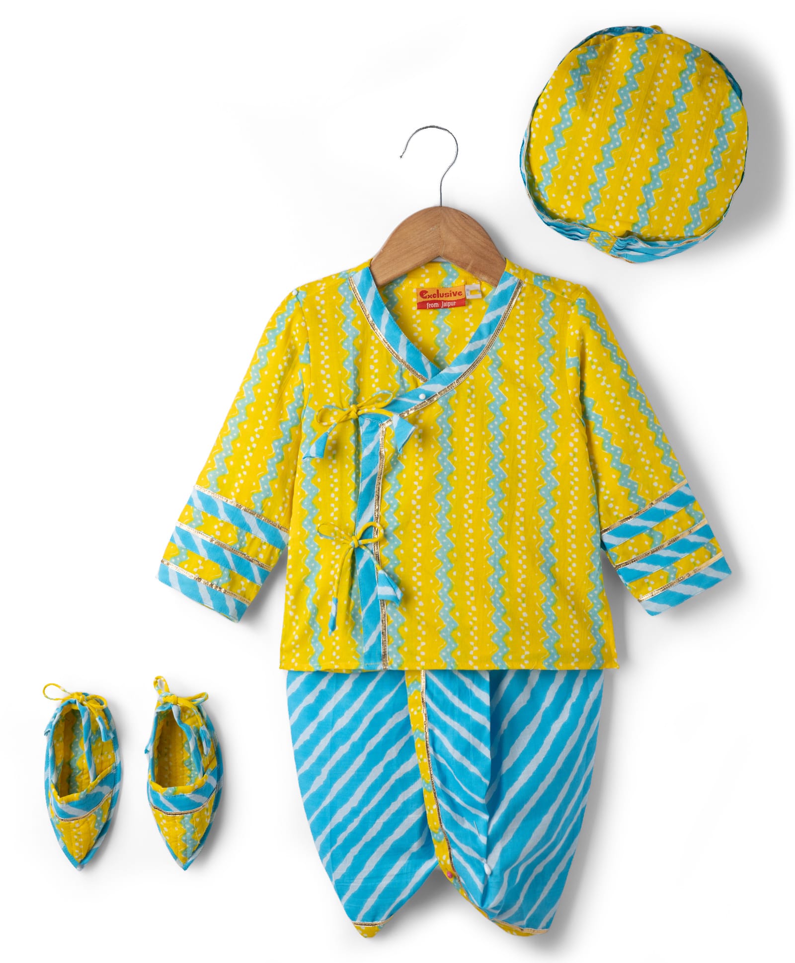 Exclusive from Jaipur Cotton Woven Full Sleeves Chevron Kurta Dhoti Set With Turban & Mojaris - Yellow-image-40