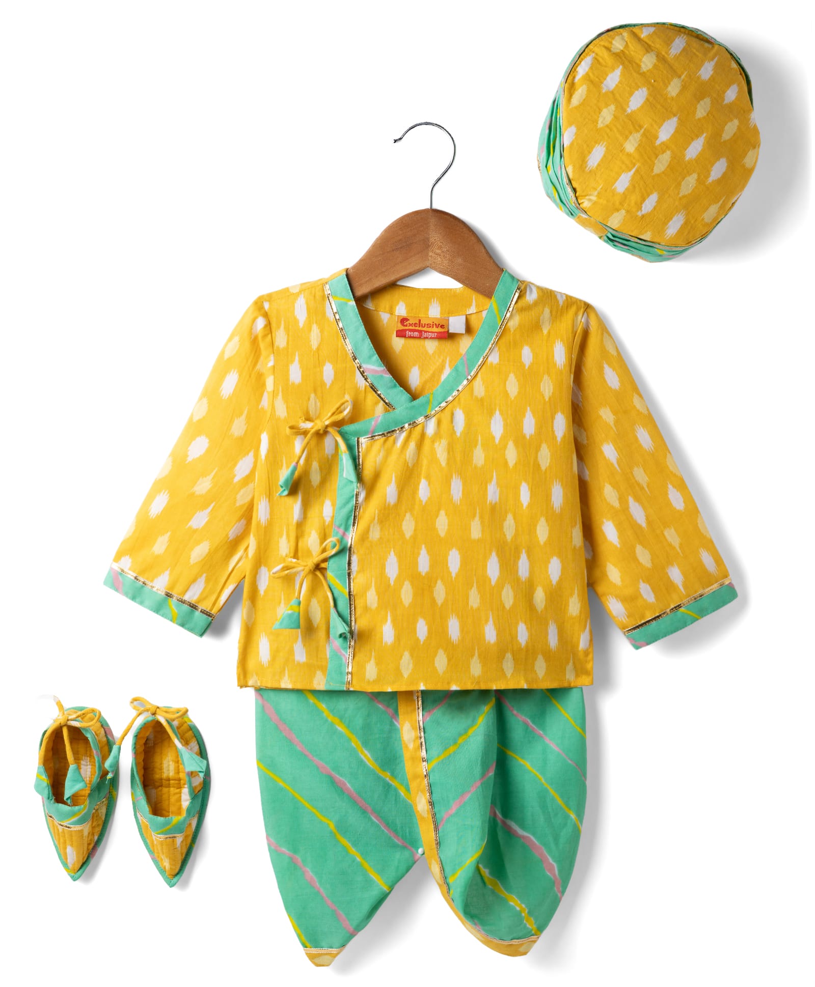 Exclusive From Jaipur Cotton Woven Full Sleeves Printed Kurta Dhoti Set With Cap & Booties - Yellow-picture-17