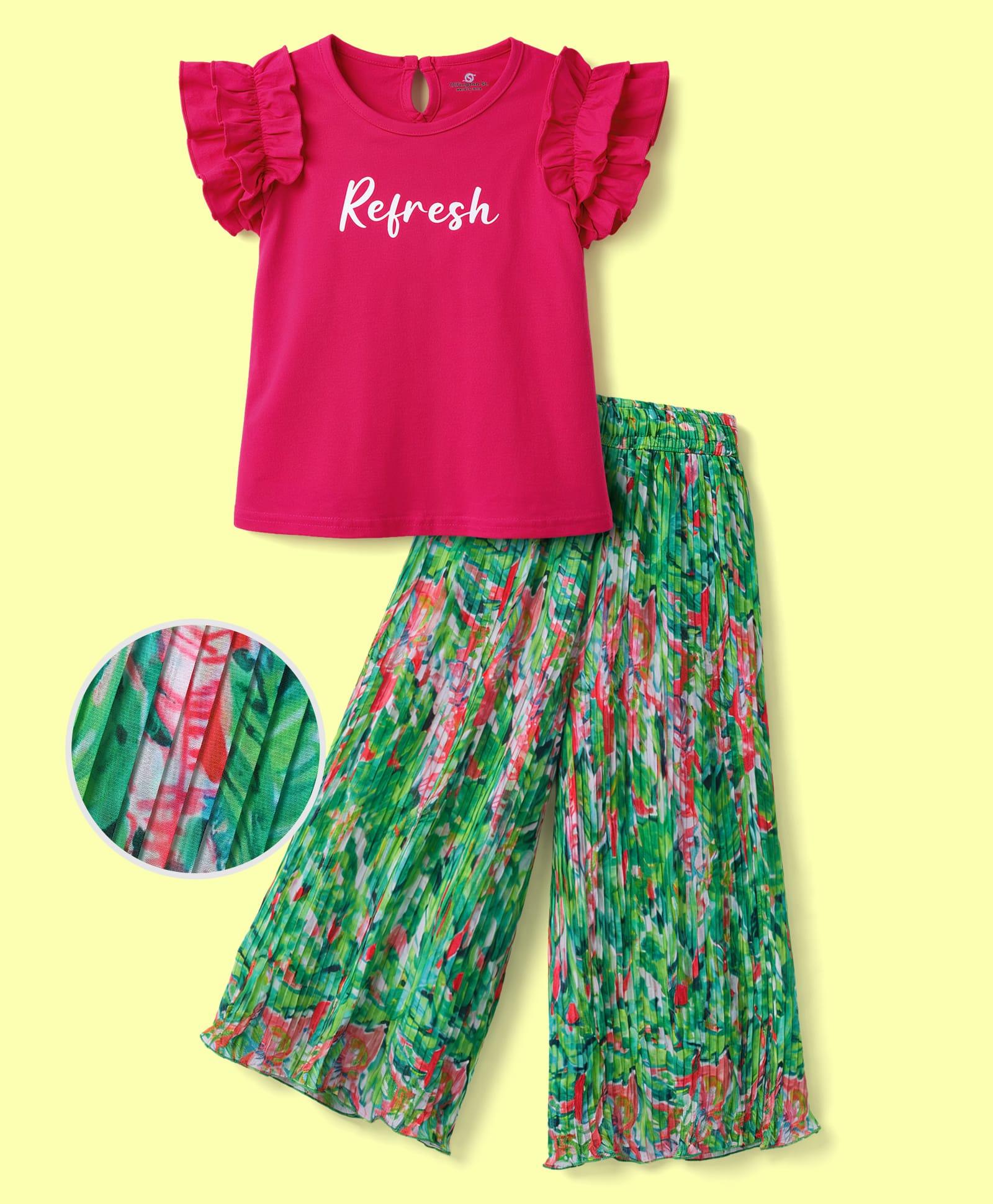 OLLINGTON ST. Cotton Knit Half Sleeves Top & Pleated Georgette Culottes Set - Pink & Multicolour-picture-12