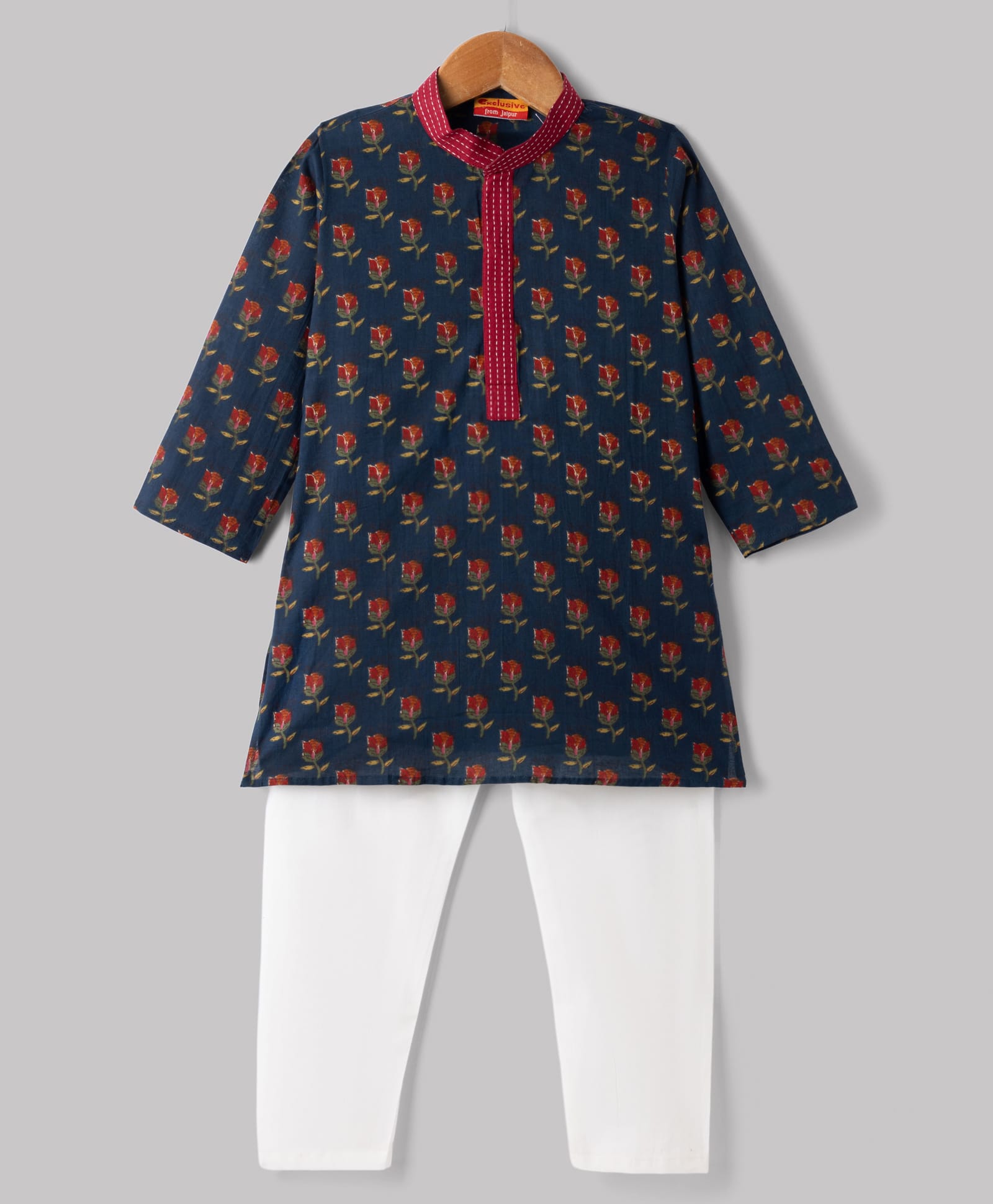 Exclusive From Jaipur Cotton Woven Full Sleeves Kurta Pyjama Set with Floral Print - Navy Blue-picture-19