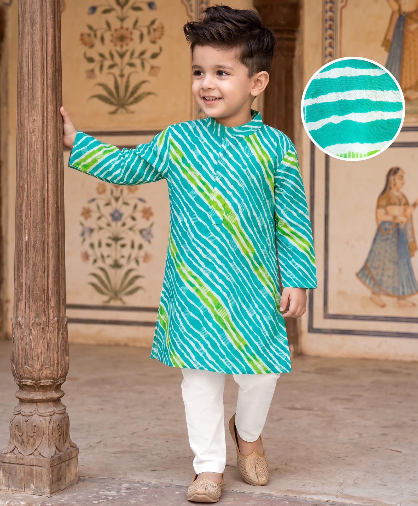 Exclusive From Jaipur Cotton Woven Full Sleeves Kurta Pyjama Set With Leheriya Design - Sea Green & White-image-33