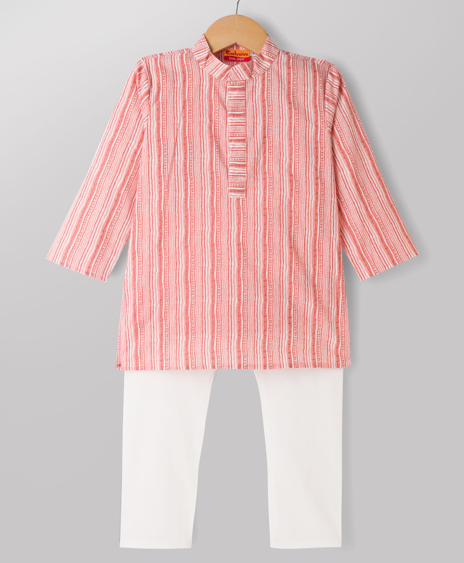 Exclusive From Jaipur Cotton Woven Full Sleeves Striped Kurta Pajama Set - Peach-image-14