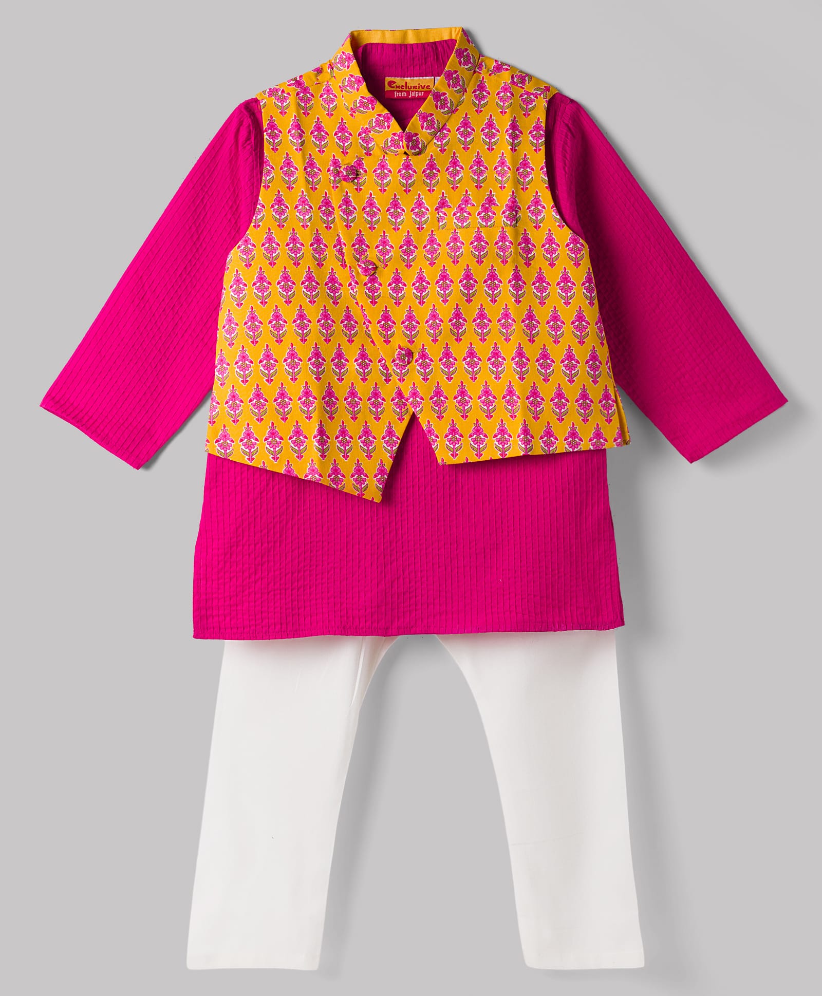 Exclusive From Jaipur Cotton Woven Full Sleeves Kurta Pyjama Set with Floral Printed Nehru Jacket - Peach-image-14
