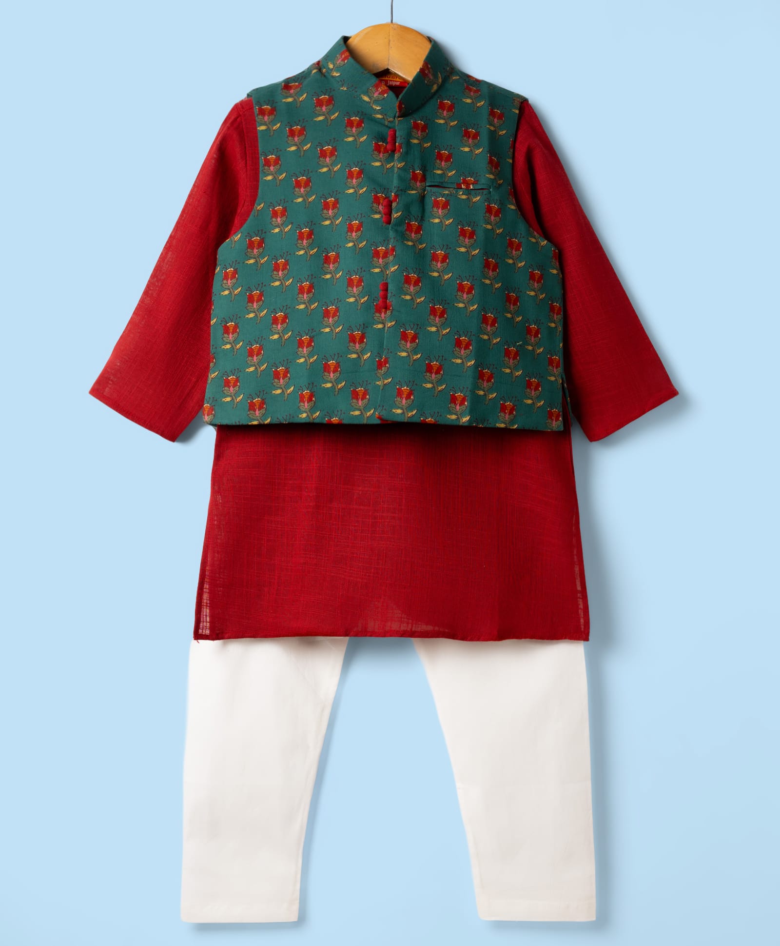 Exclusive From Jaipur Cotton Woven Full Sleeves Solid Kurta Pajama Set with Floral Printed Nehru Jacket - Maroon & Green-image-33