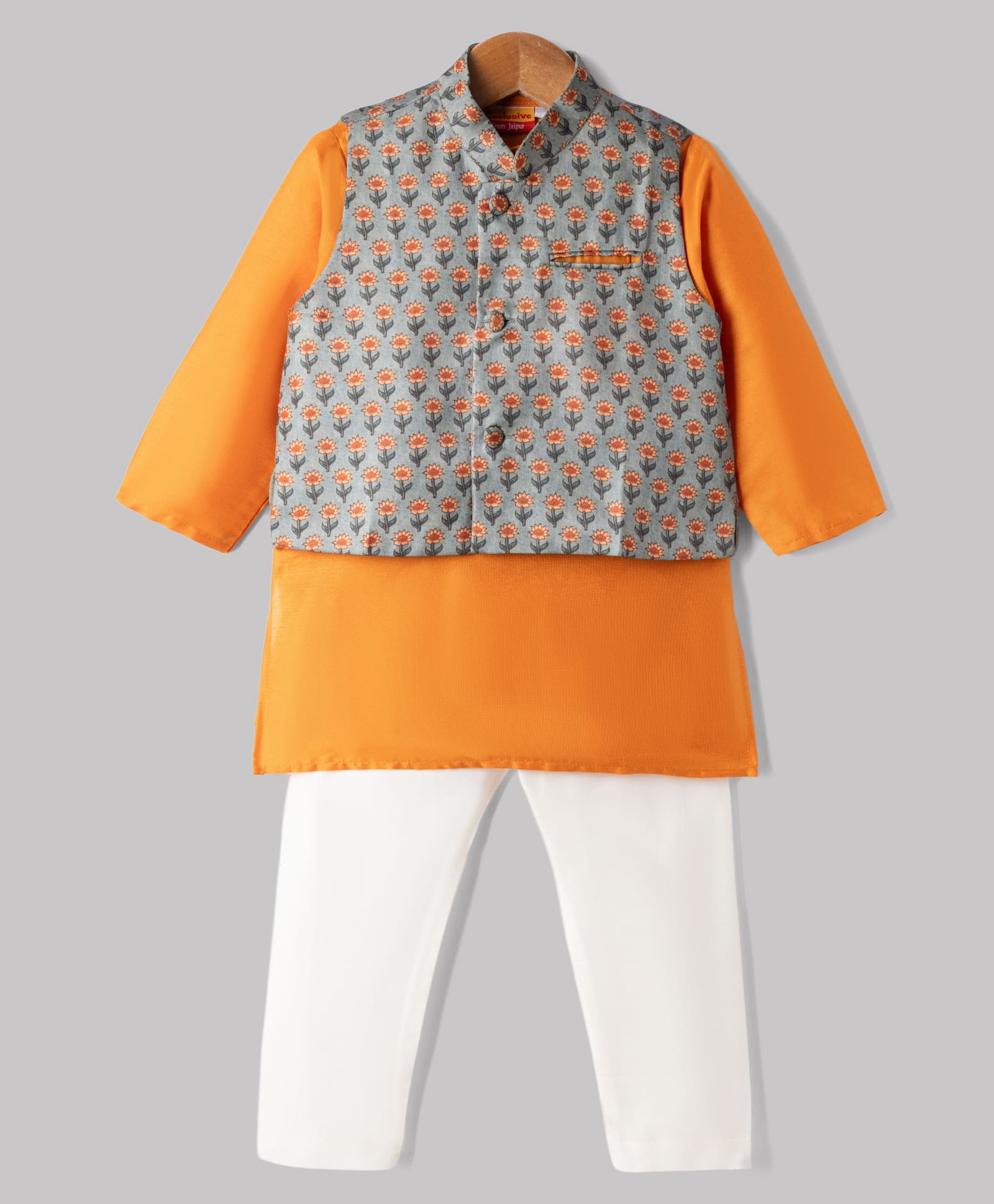 Exclusive From Jaipur Cotton Woven Full Sleeves Kurta Pyjama Set with Floral Printed Jacket - Grey-picture-12