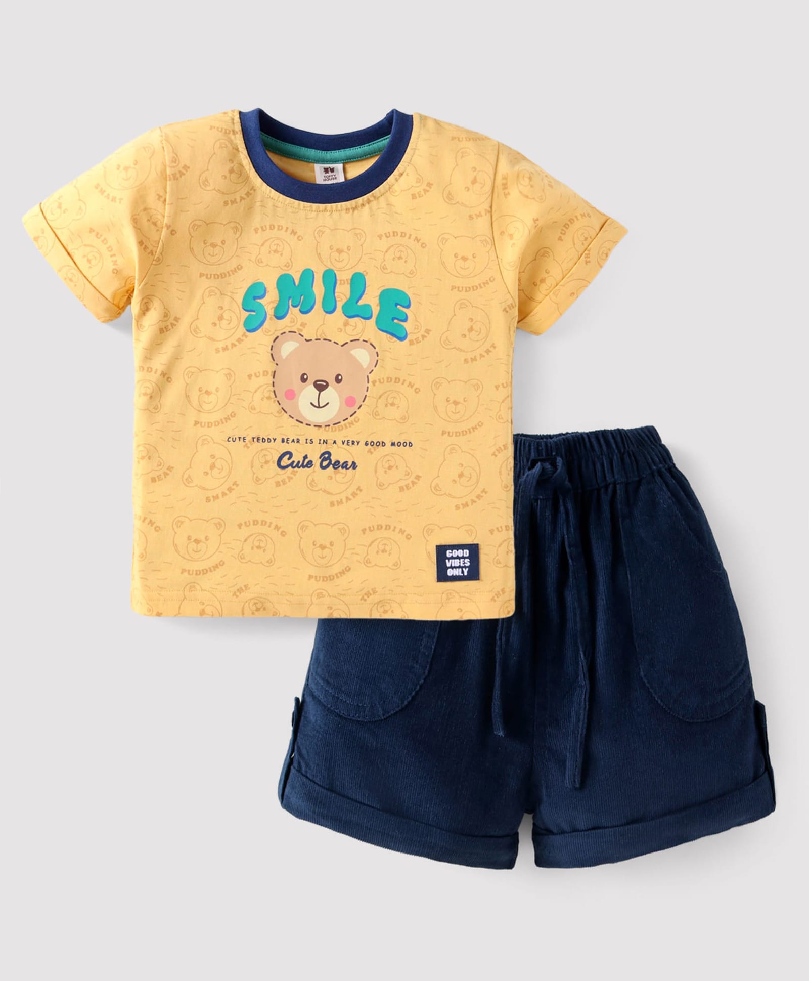 ToffyHouse Knitted Half Sleeves T-Shirt & Shorts Set with Text & Bear Print -Yellow-picture-18