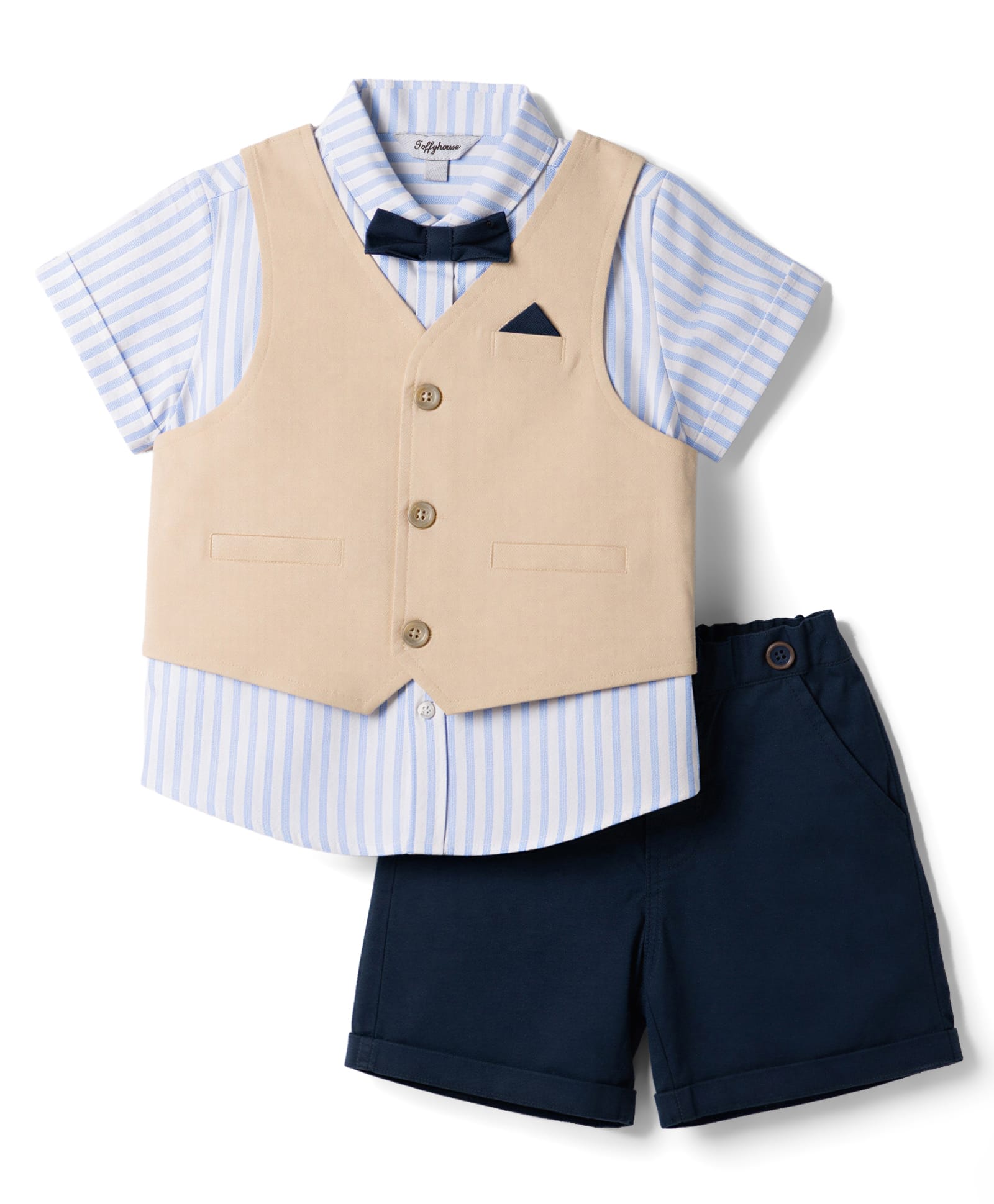 ToffyHouse Knitted Half Sleeves Striped 3 Piece Party Suit with Bow- Navy Blue-picture-21