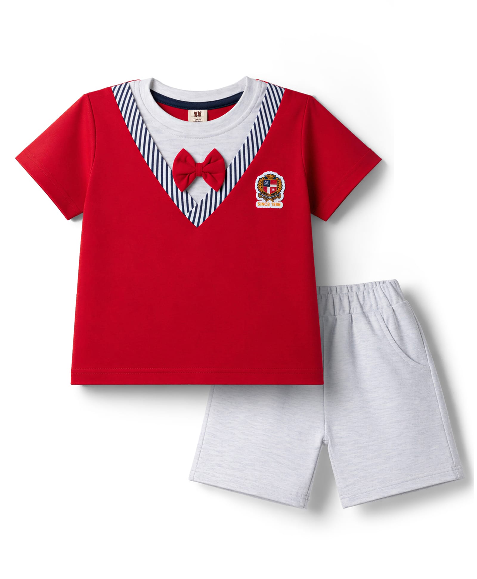 ToffyHouse Knitted Half Sleeves T-Shirt & Shorts Set with Bow Applique - Red-image-38